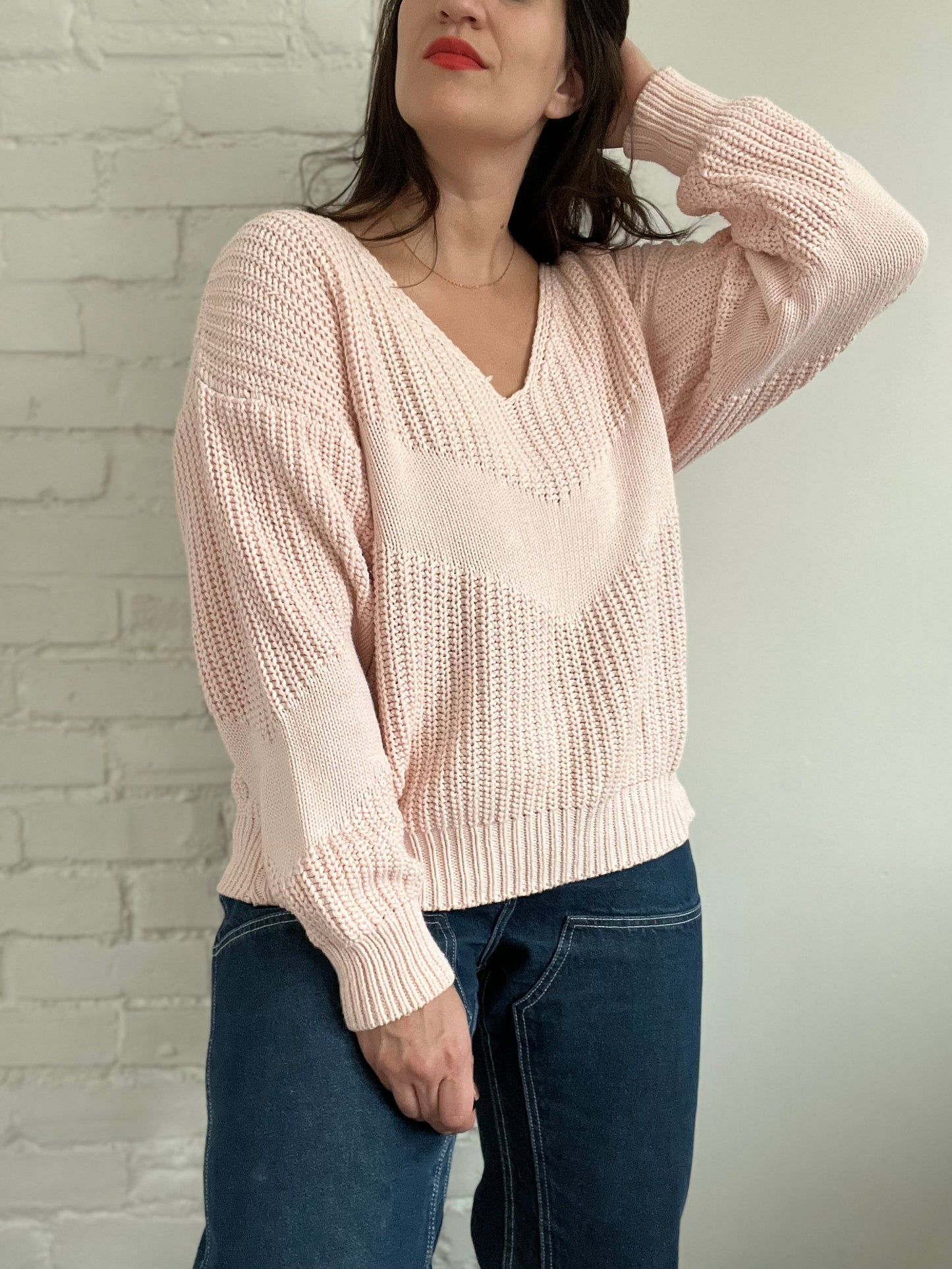 100% Cotton Pink Knit Sweater - Size L