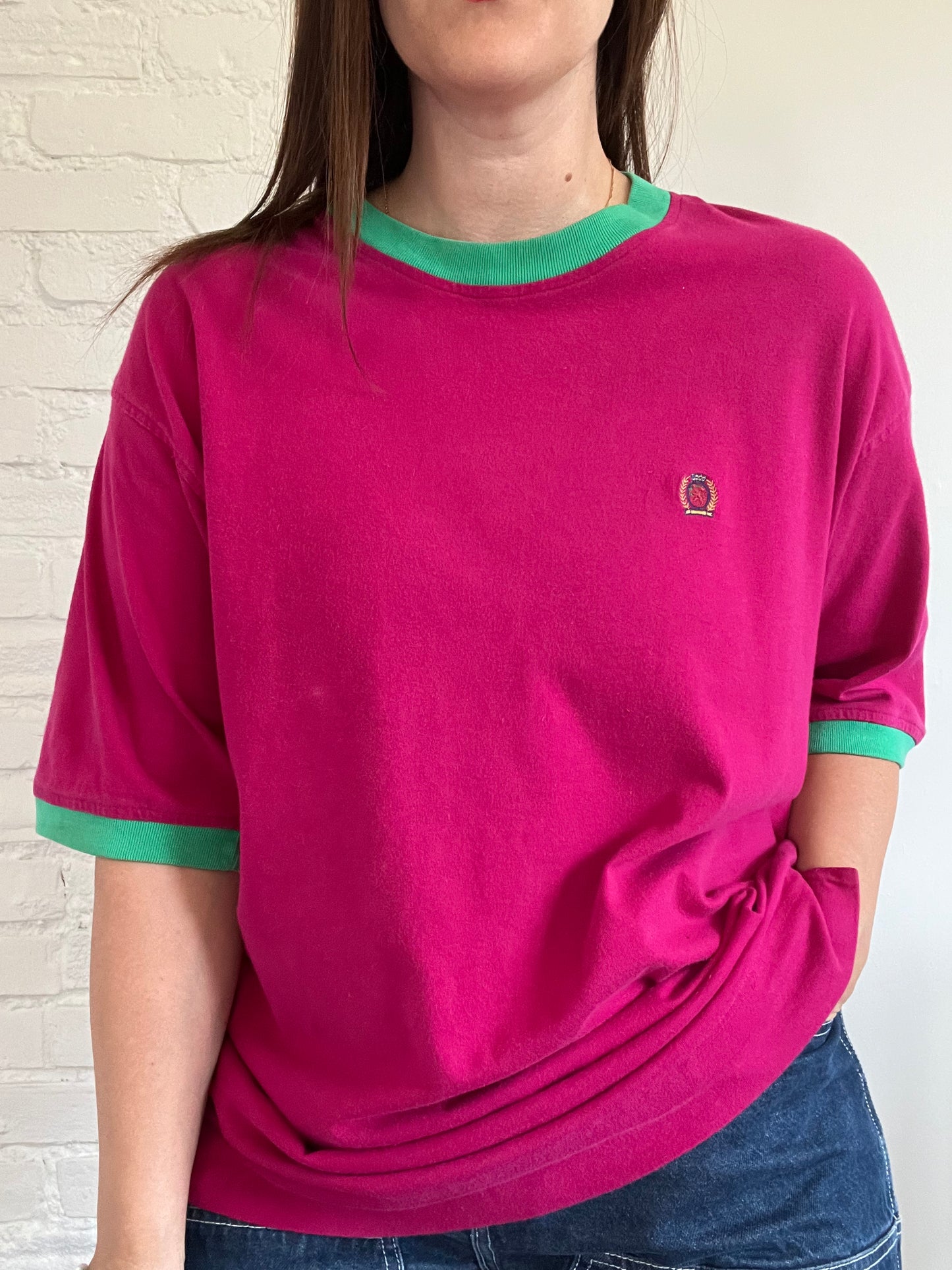 Vintage Tommy Hot Pink Colour Block T-shirt  - XL