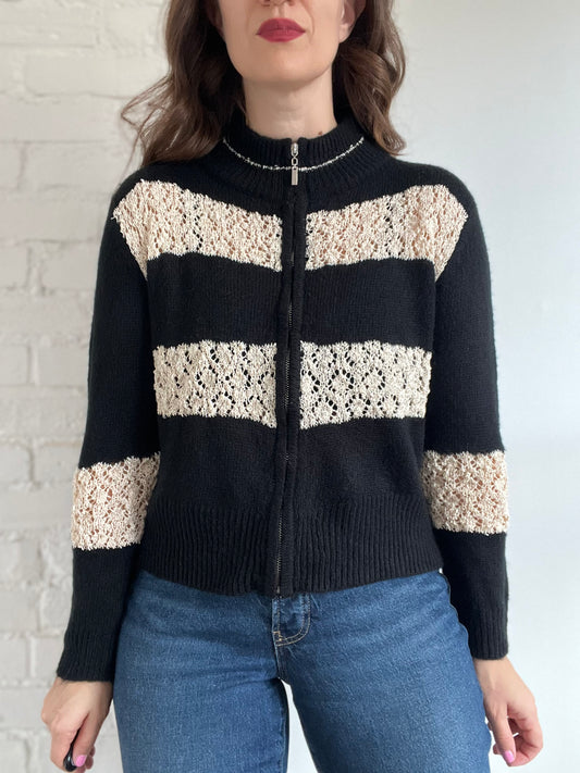 Black & Cream Crochet Bomber - M (oversized)