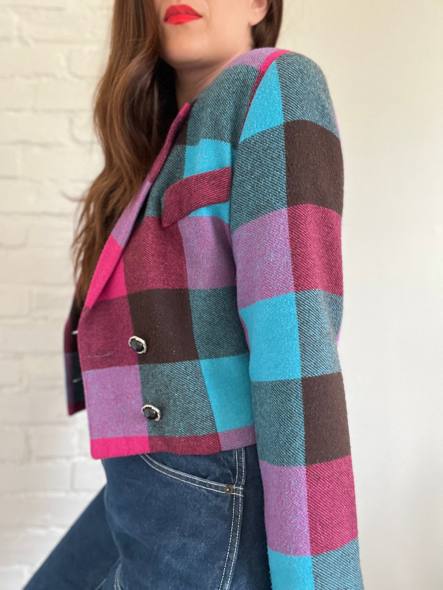 Vintage Cropped Plaid Blazer - Size M