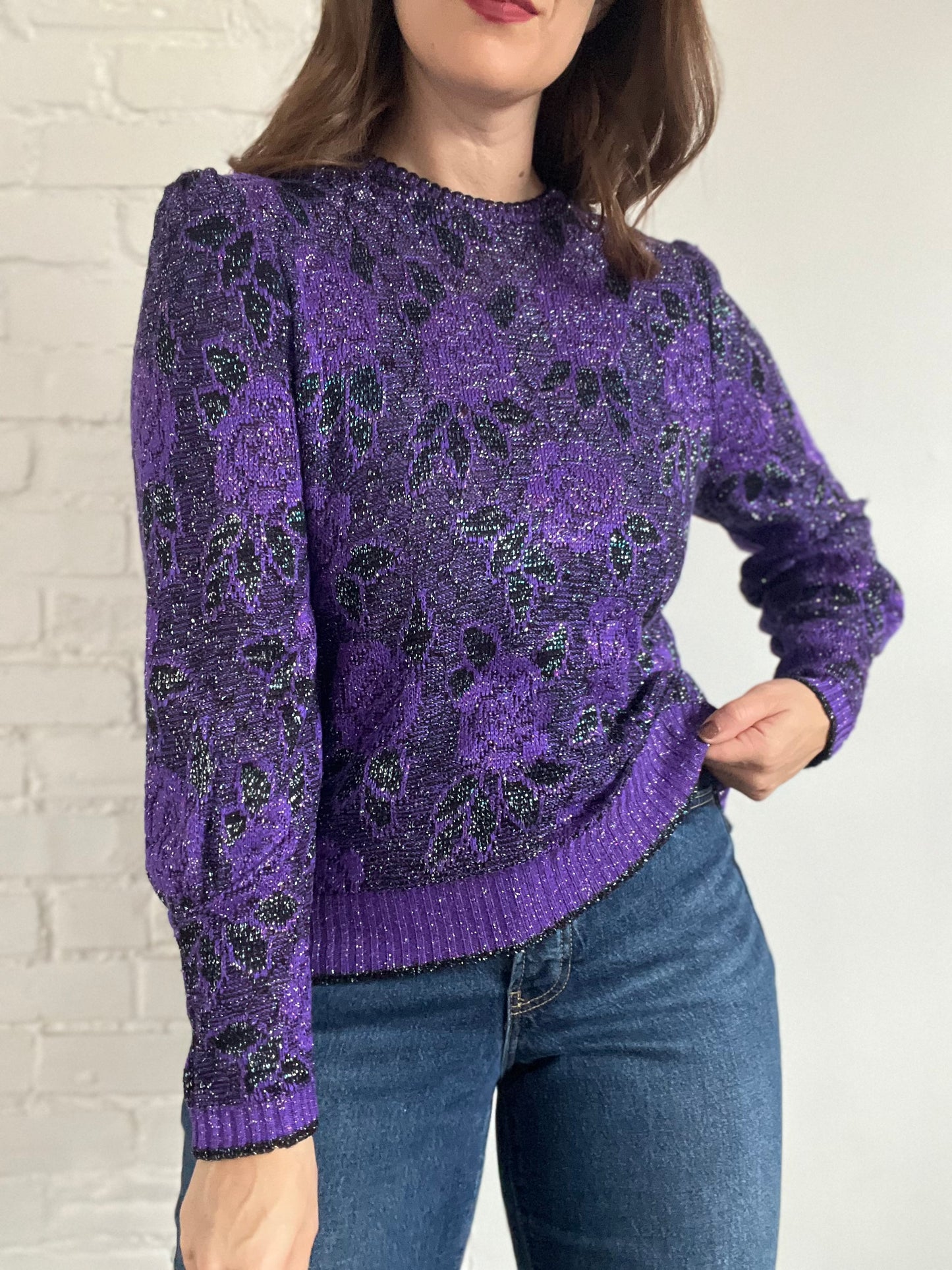 Metallic Purple Rose Sweater - S/M