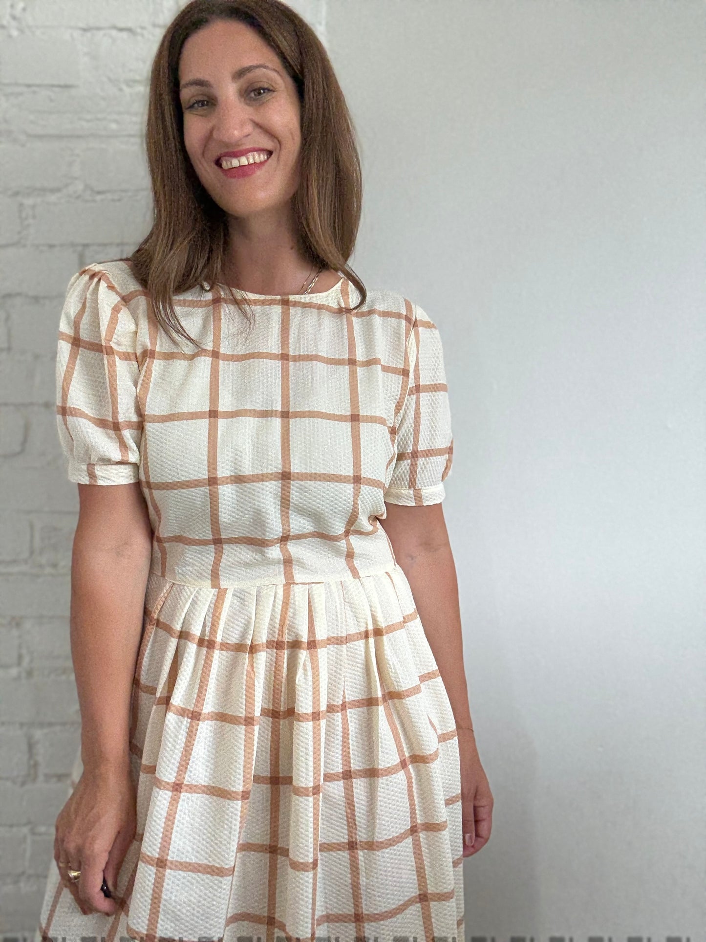 Handmade Caramel Plaid Dress - Size L
