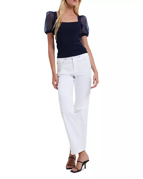 Lex Krista Ribbed Puff Sleeve Top - Size S