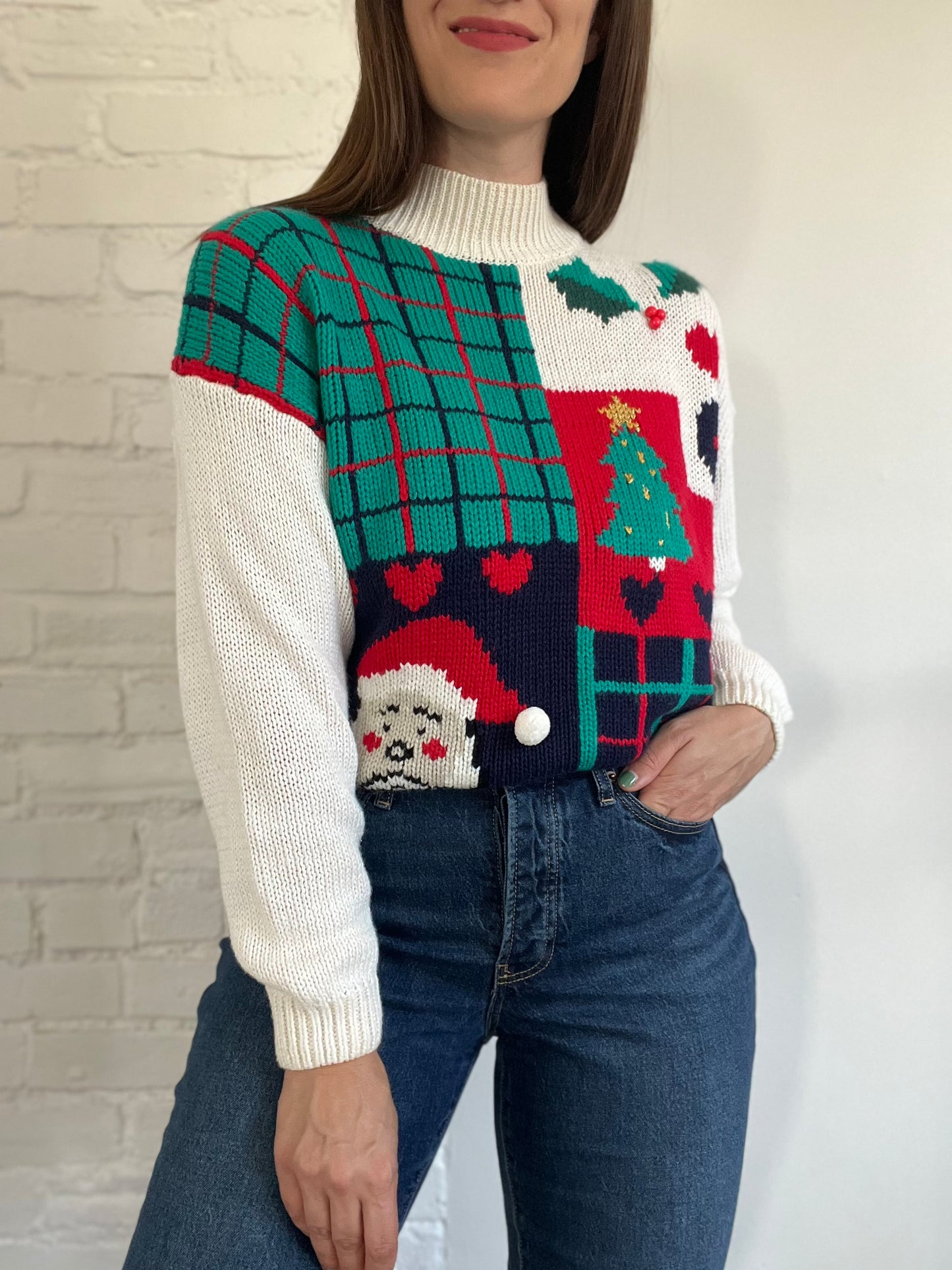 Festive Mock Neck Knit Sweater - M