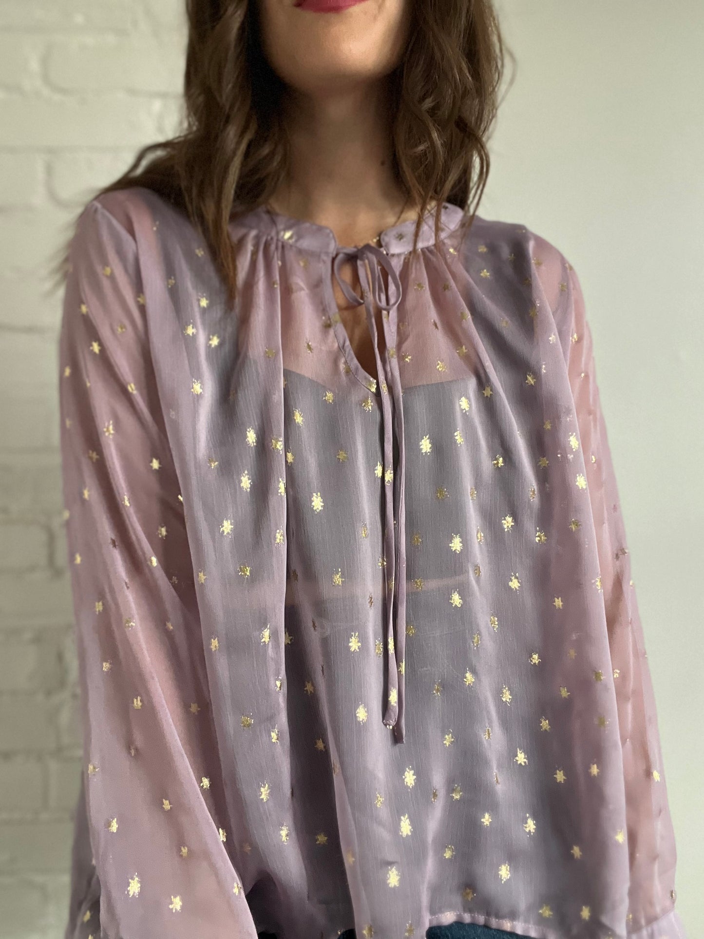 Sheer Gold Star Tie-Neck Blouse - L