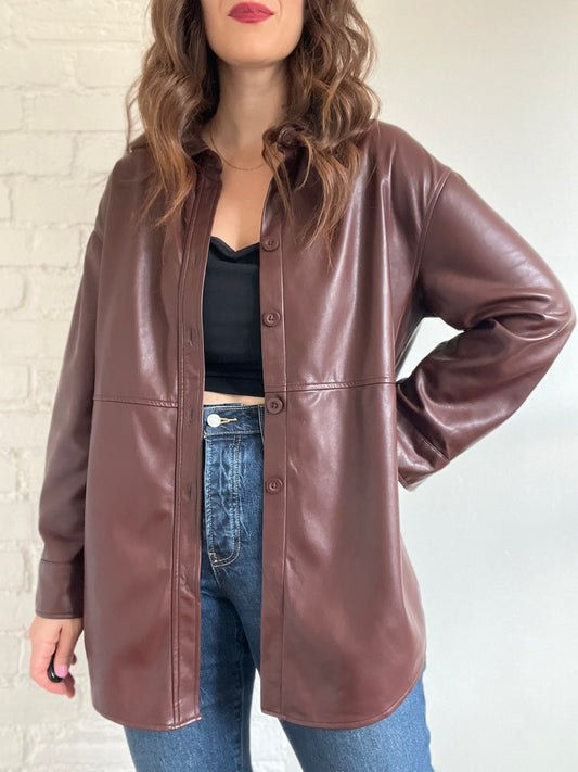 Faux-Leather Shirt Jacket - M