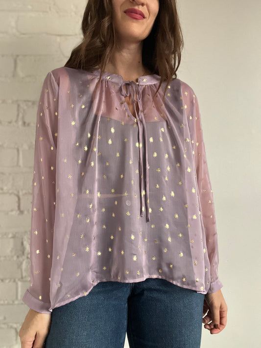 Sheer Gold Star Tie-Neck Blouse - L