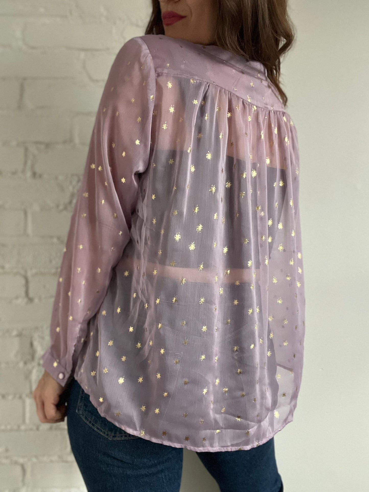 Sheer Gold Star Tie-Neck Blouse - L