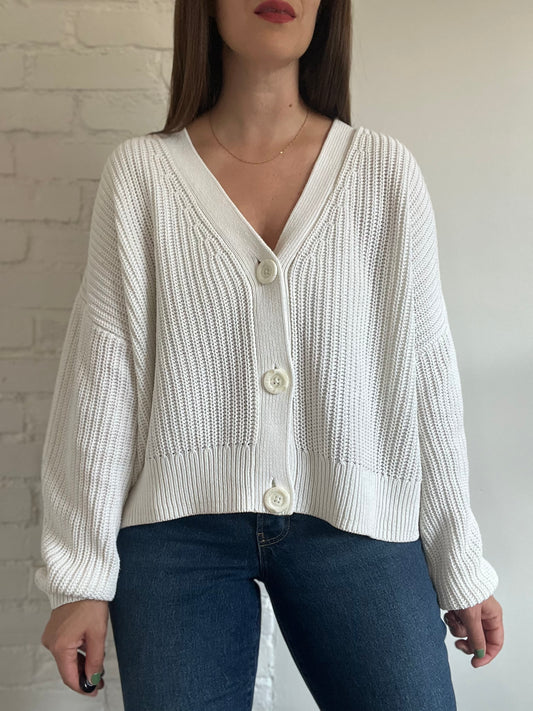 Chunky White Knit Cardigan - Size L (oversized)