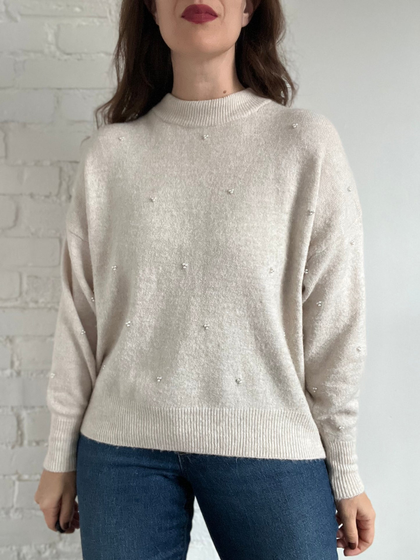 Cream Pearl Mock Neck Sweater - M