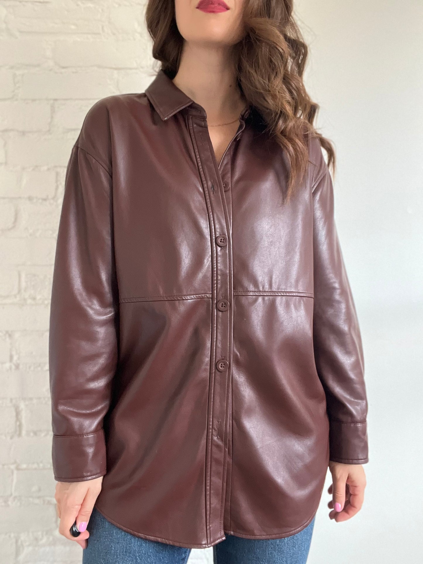 Faux-Leather Shirt Jacket - M