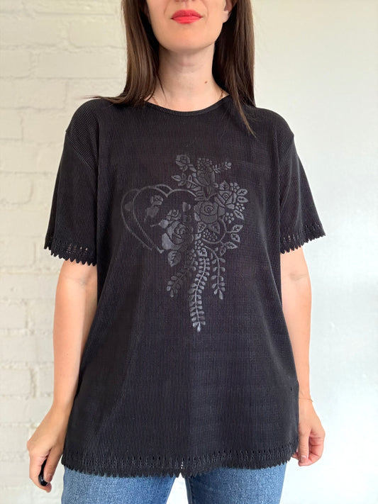 Black Plisse Floral Shirt - Size L