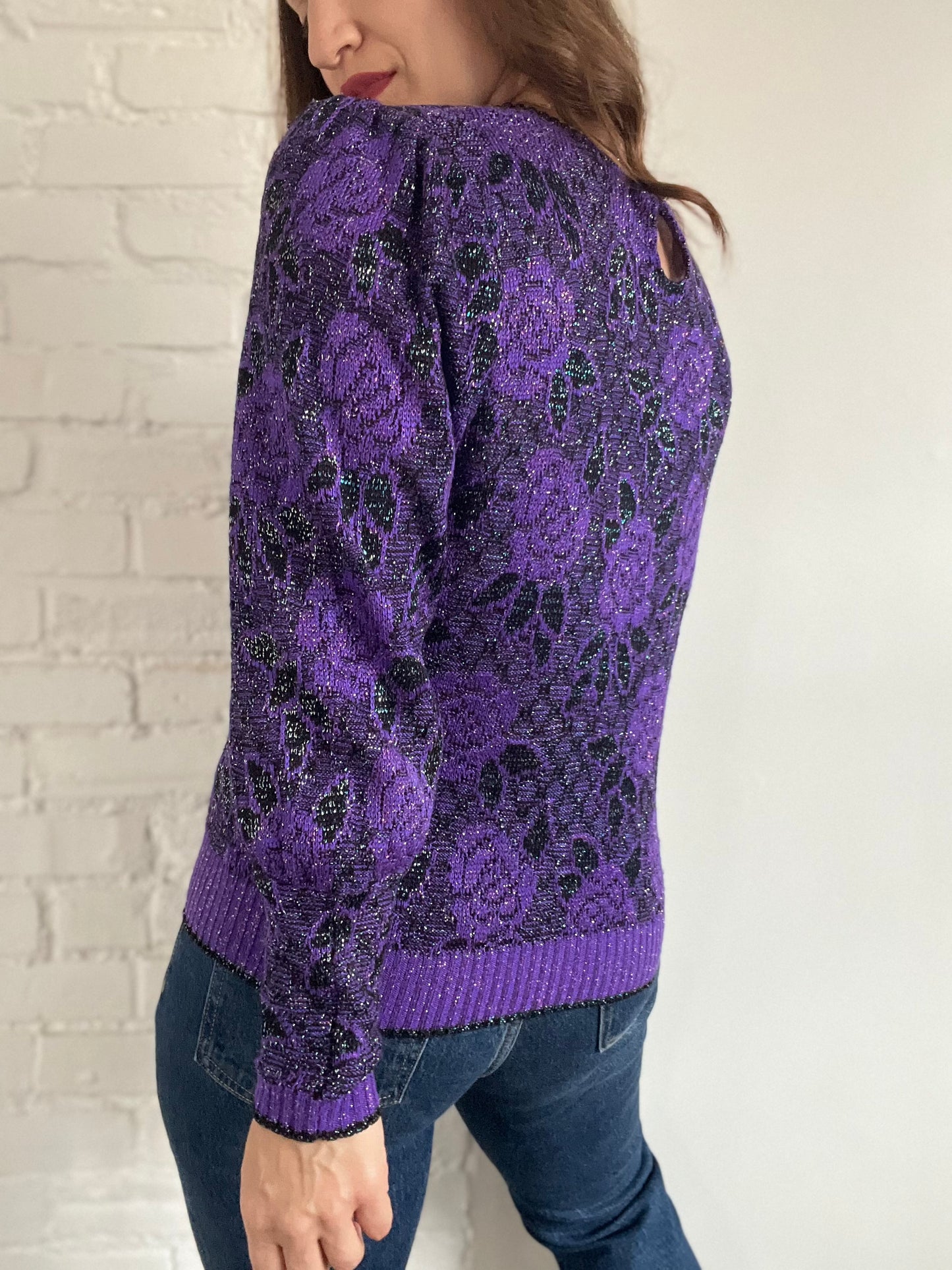 Metallic Purple Rose Sweater - S/M