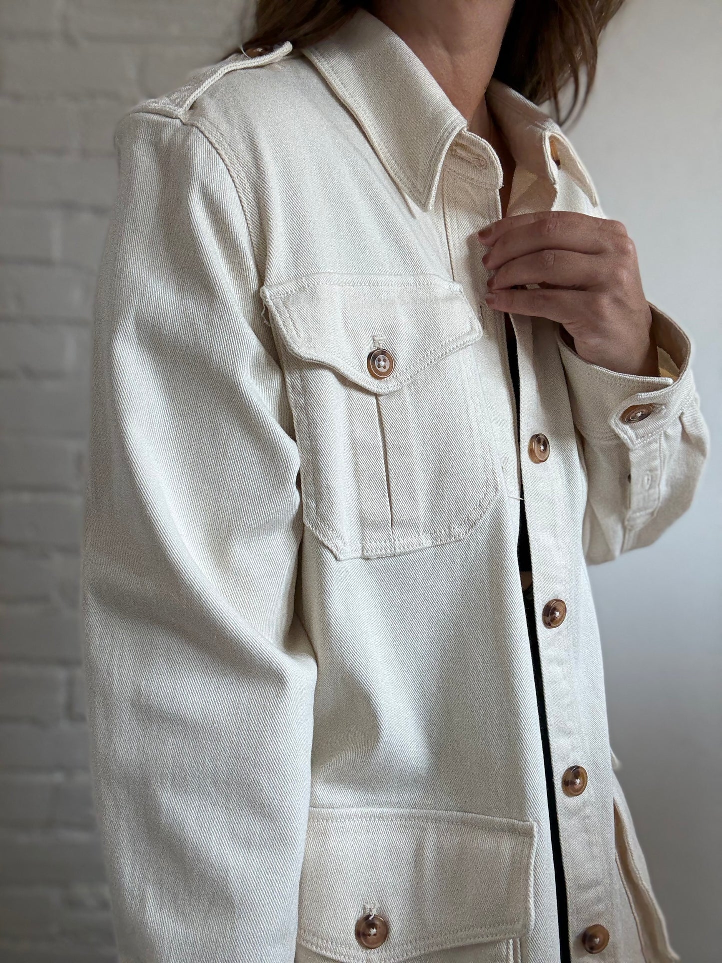 Ivory Cotton Denim Cargo Jacket - Size L
