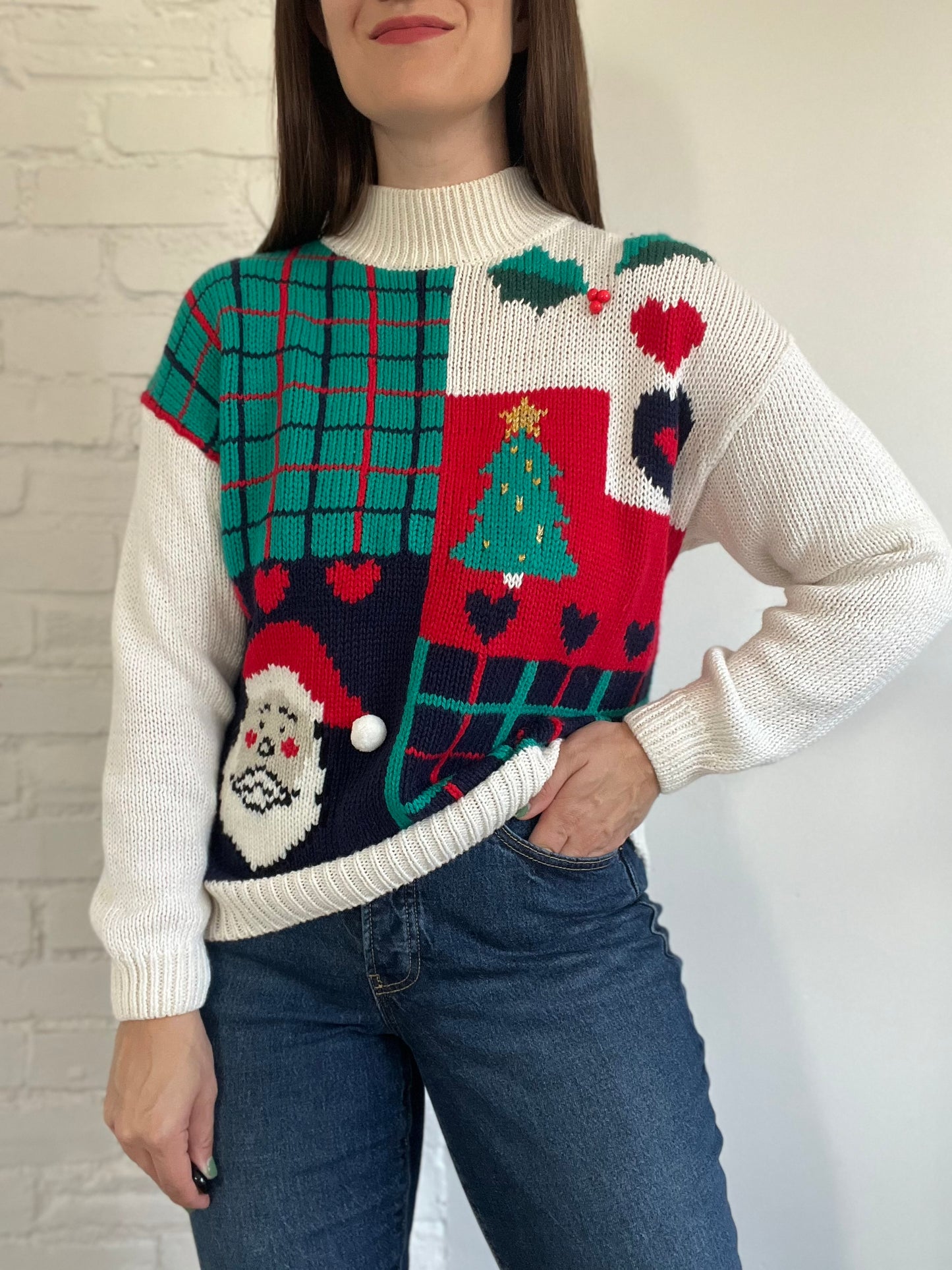 Festive Mock Neck Knit Sweater - M