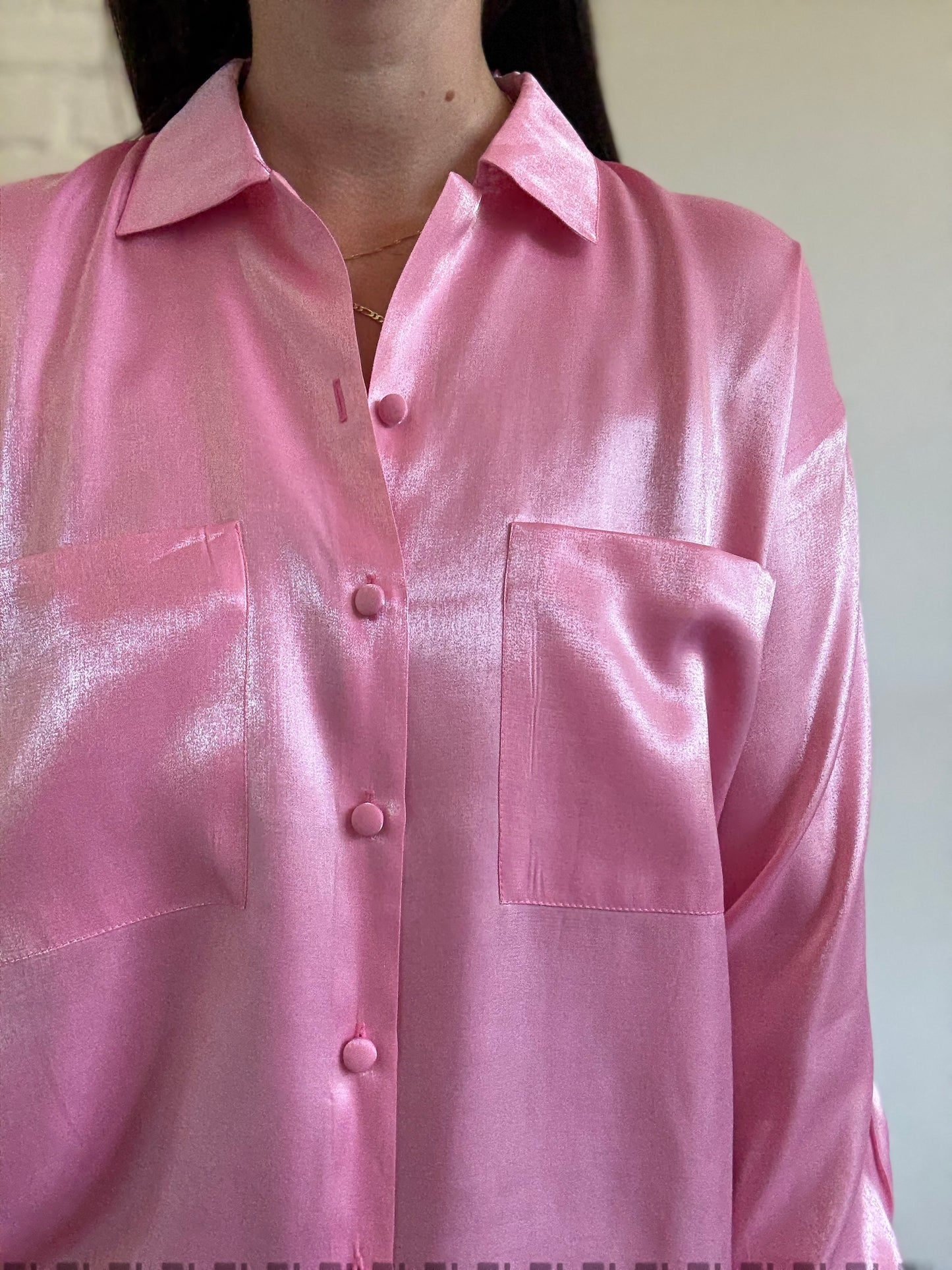Oversized Bubblegum Satin Shirt - Size L