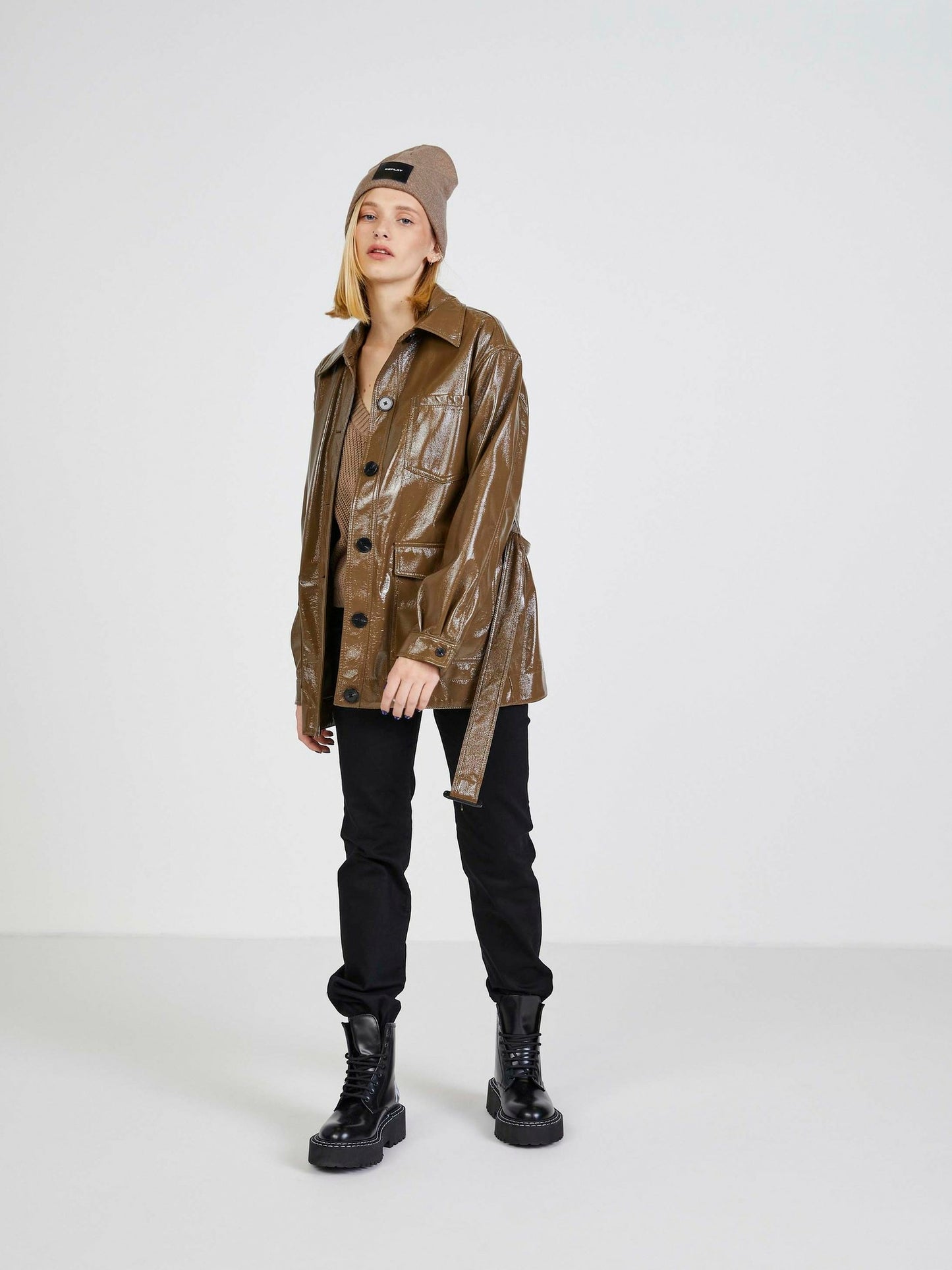 Faux Leather Tie Waist Jacket - S