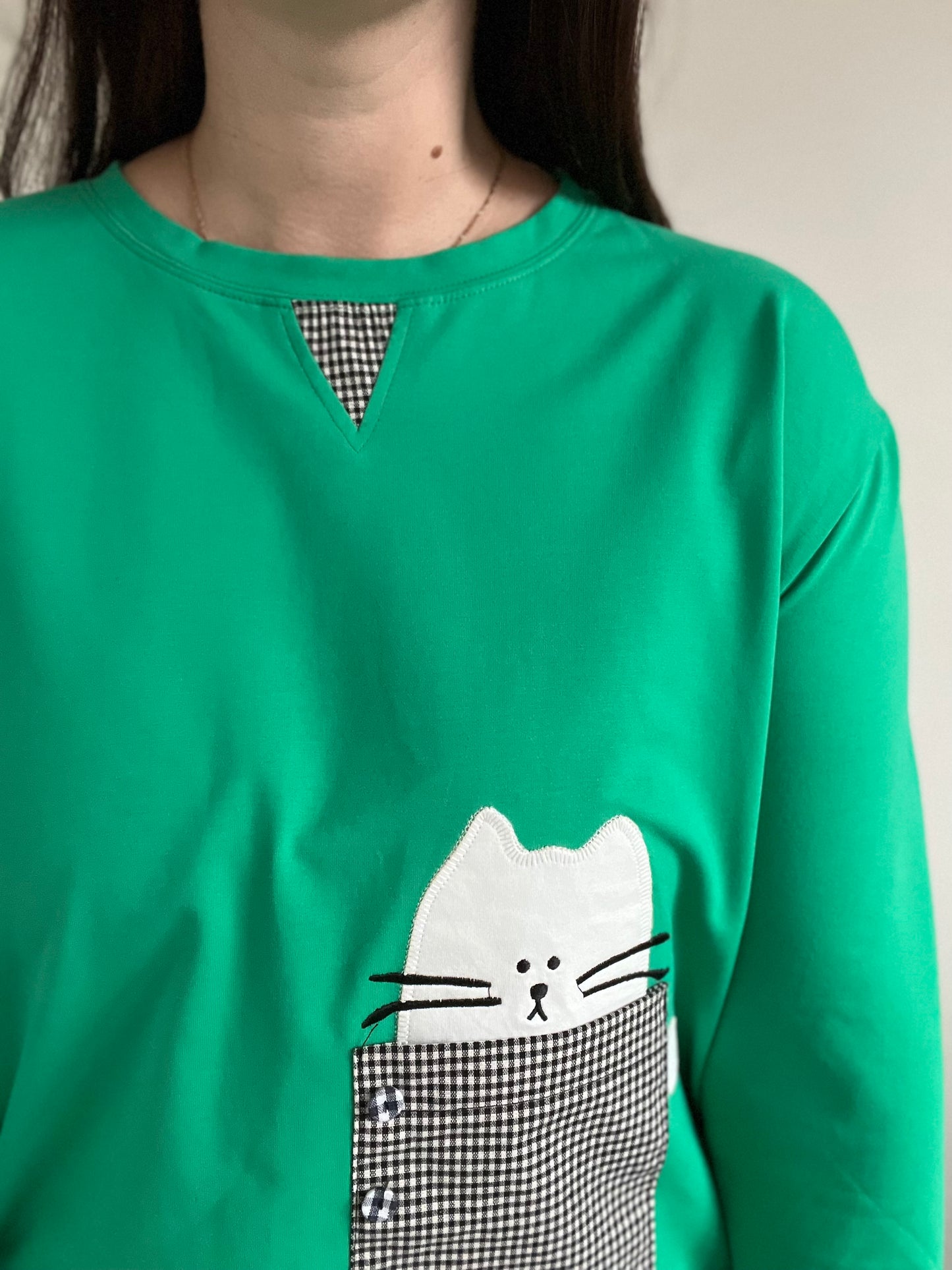 Gingham Cat Emerald Shirt - Size M/L