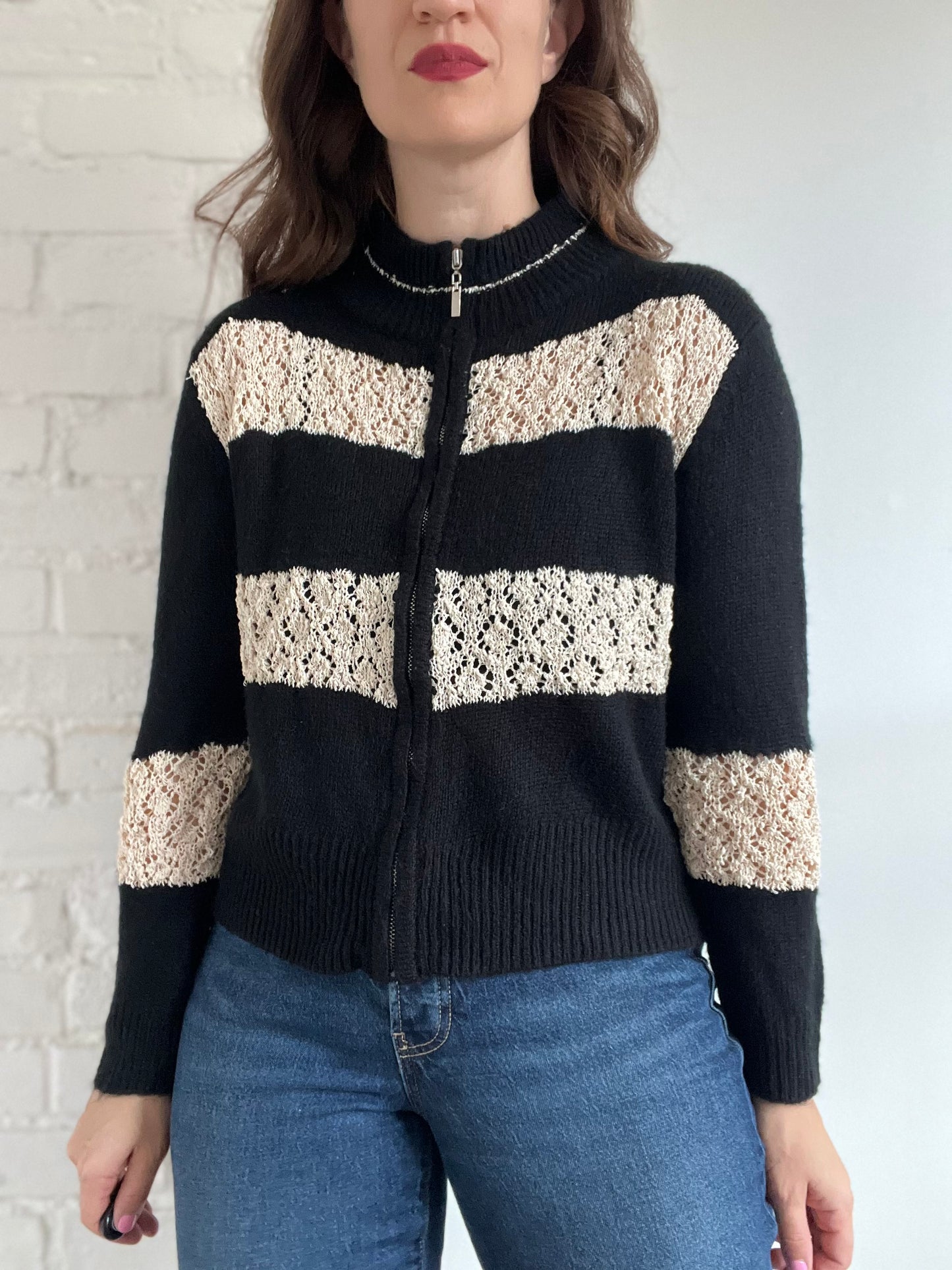 Black & Cream Crochet Bomber - M (oversized)