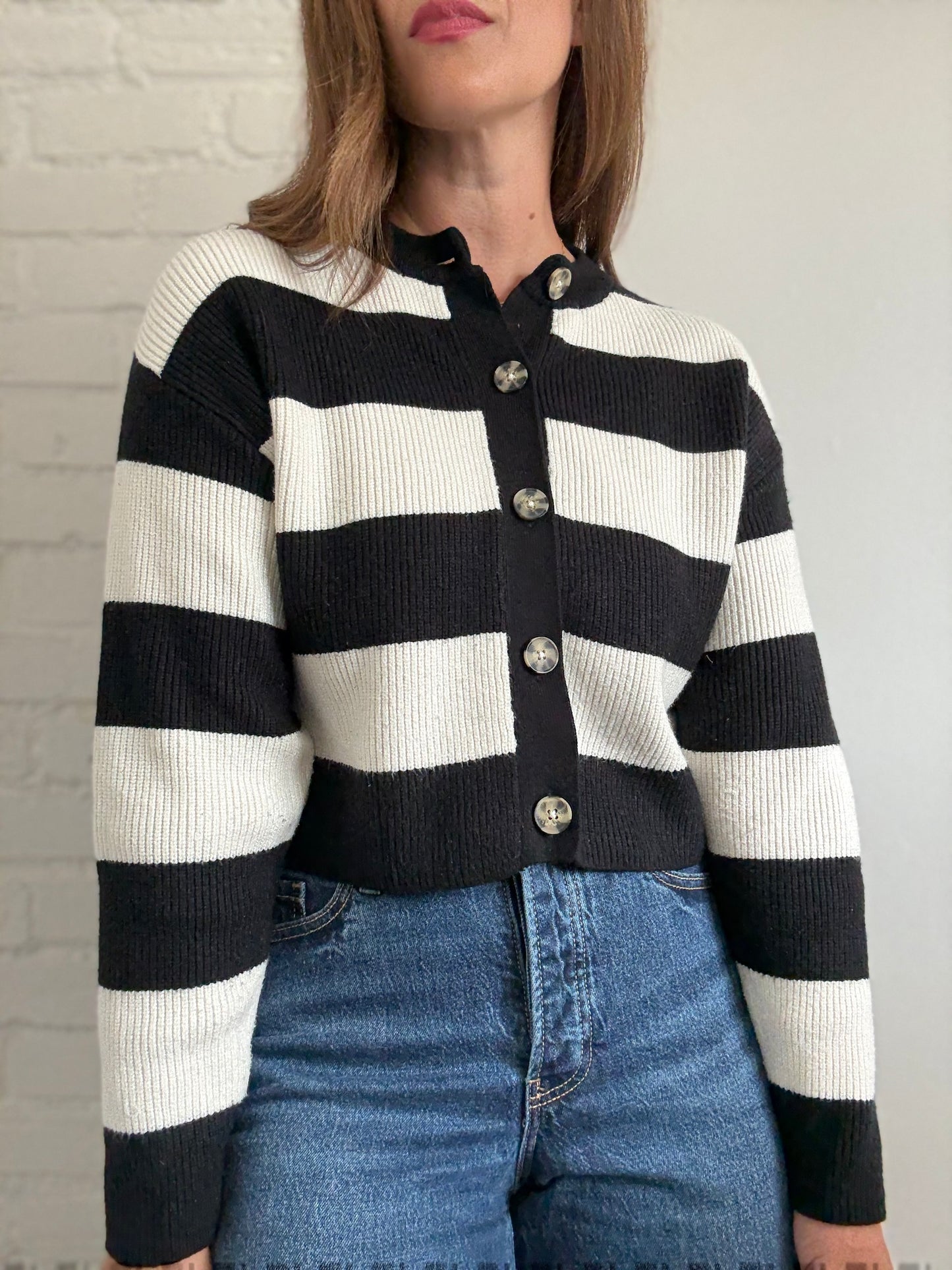B&W Striped Plushy Cardigan - Size XS/S