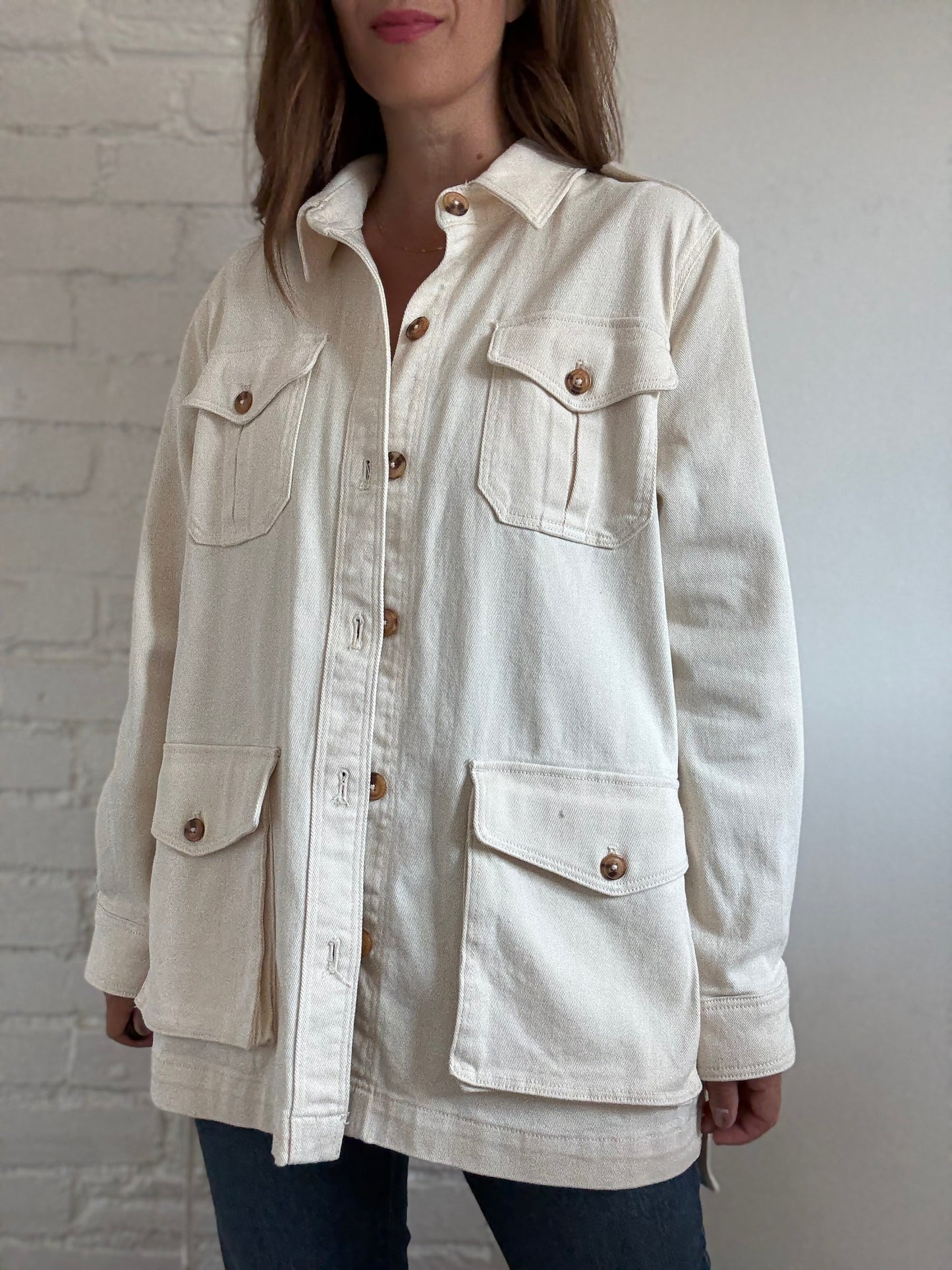 Ivory Cotton Denim Cargo Jacket - Size L