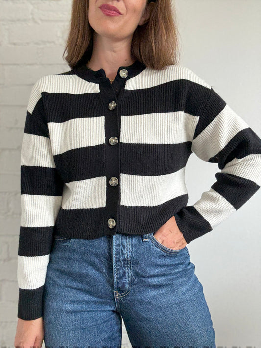 B&W Striped Plushy Cardigan - Size XS/S