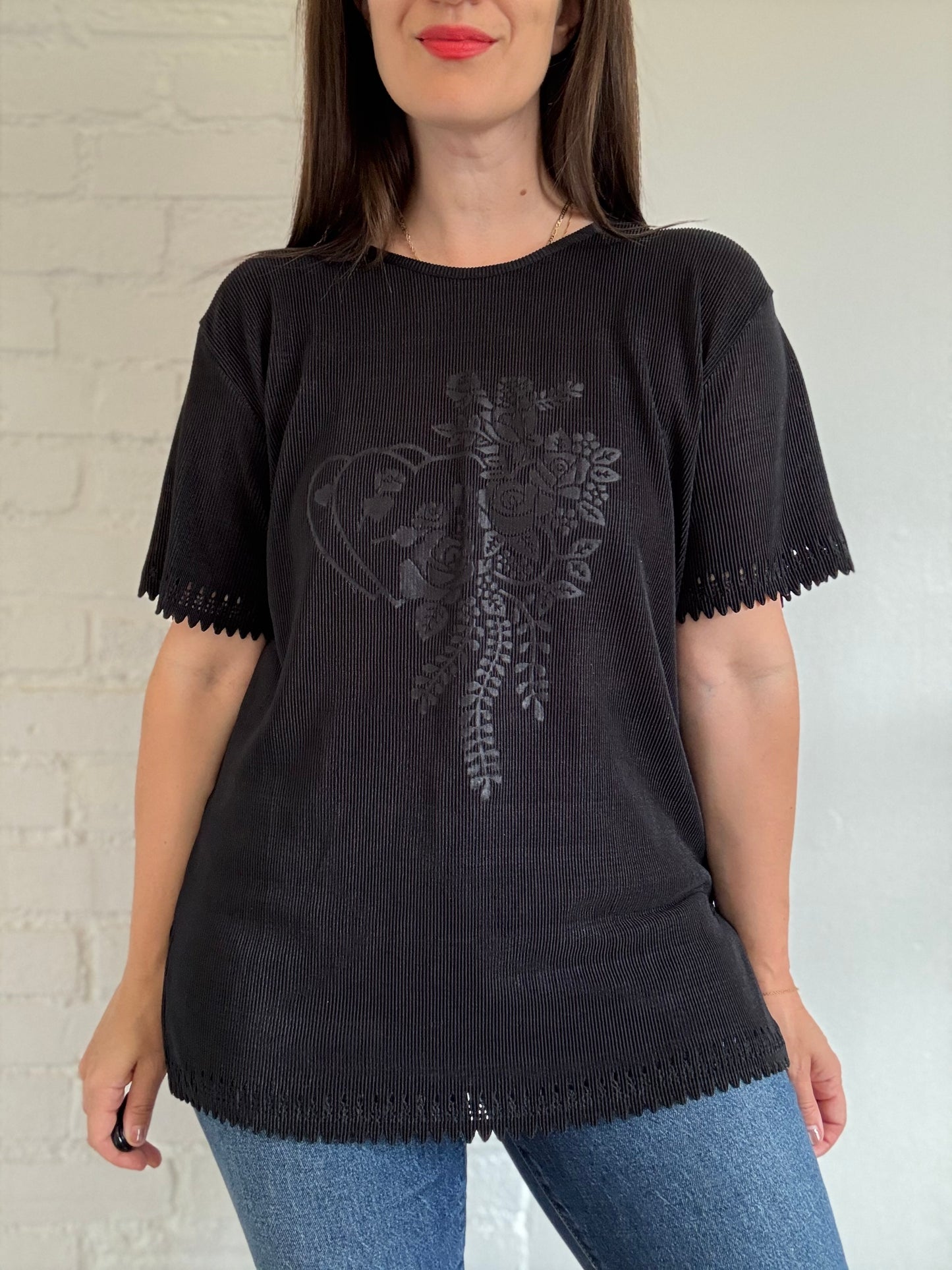 Black Plisse Floral Shirt - Size L