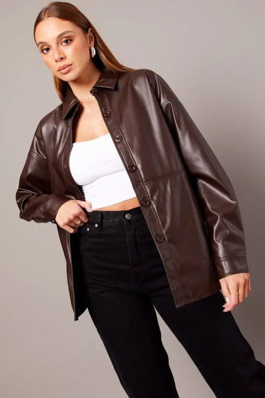 Faux-Leather Shirt Jacket - M