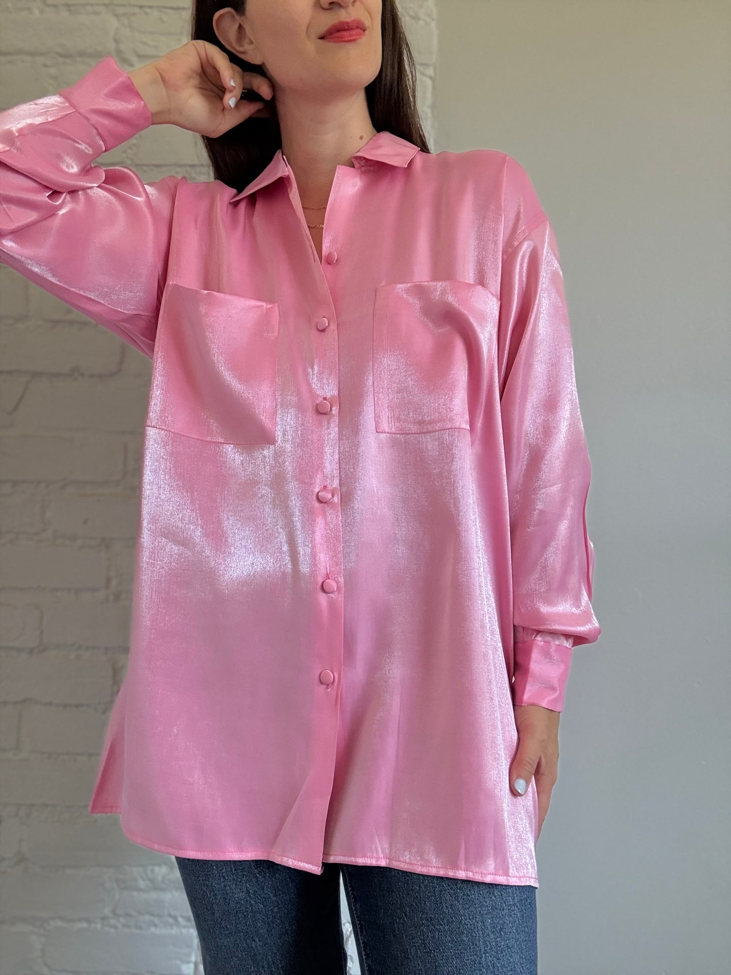 Oversized Bubblegum Satin Shirt - Size L