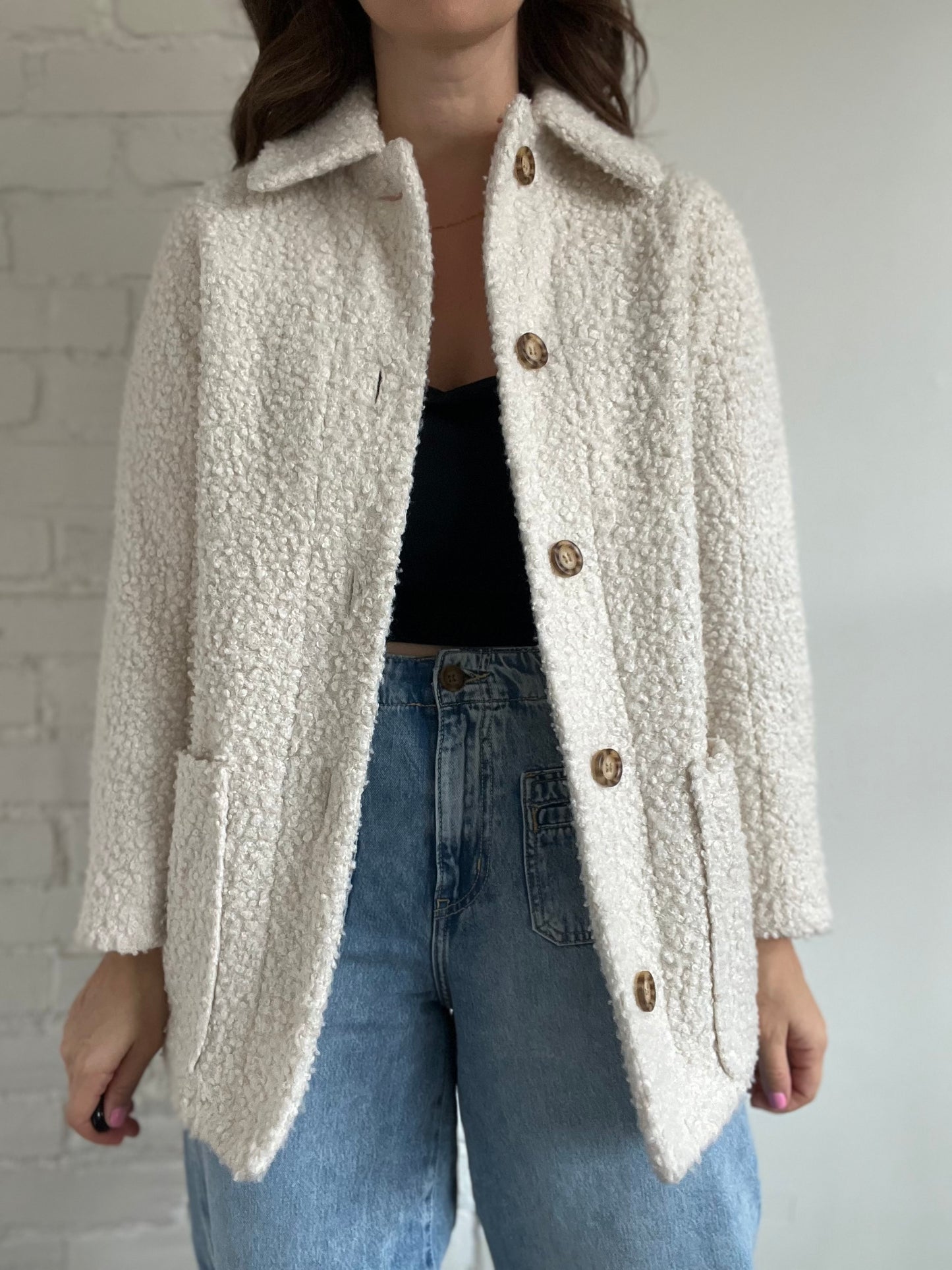 Cream Textured Teddy Jacket - Size 4 or S (oversized)