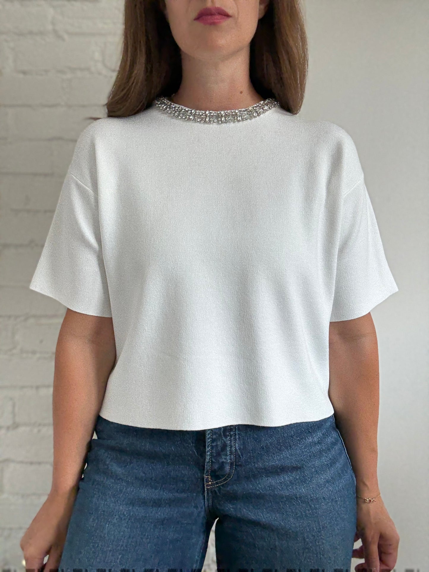 Embellished White Knit Top - Size S