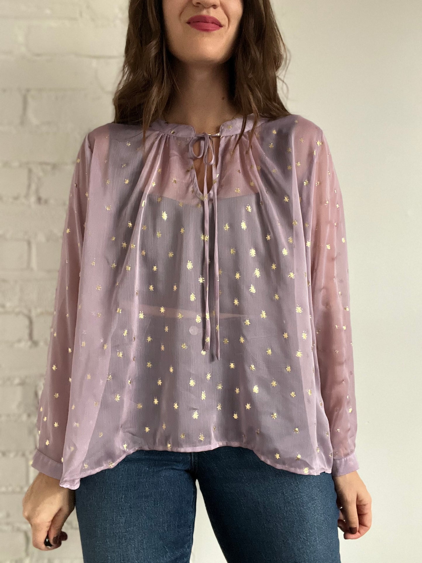 Sheer Gold Star Tie-Neck Blouse - L