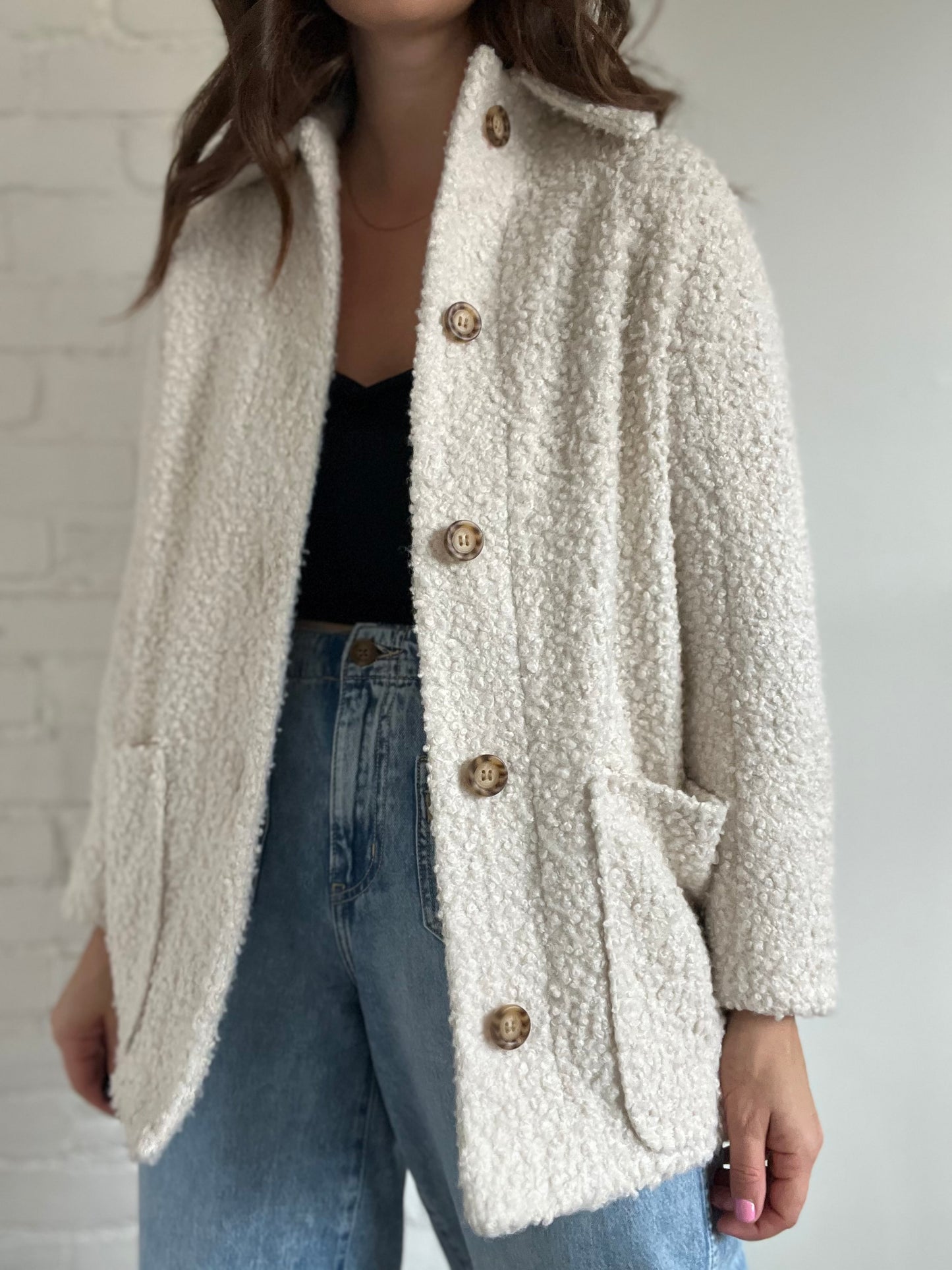 Cream Textured Teddy Jacket - Size 4 or S (oversized)