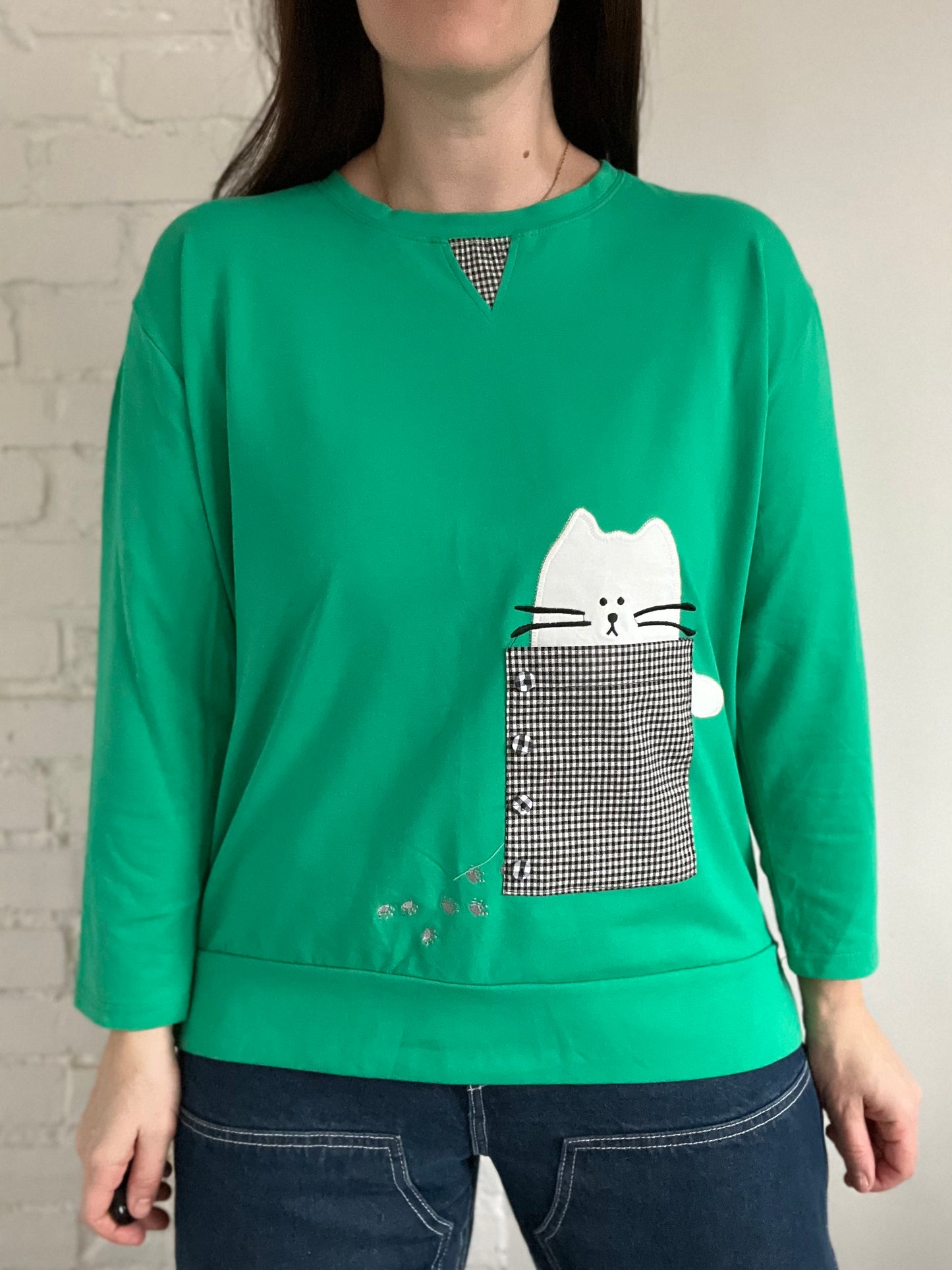 Gingham Cat Emerald Shirt - Size M/L