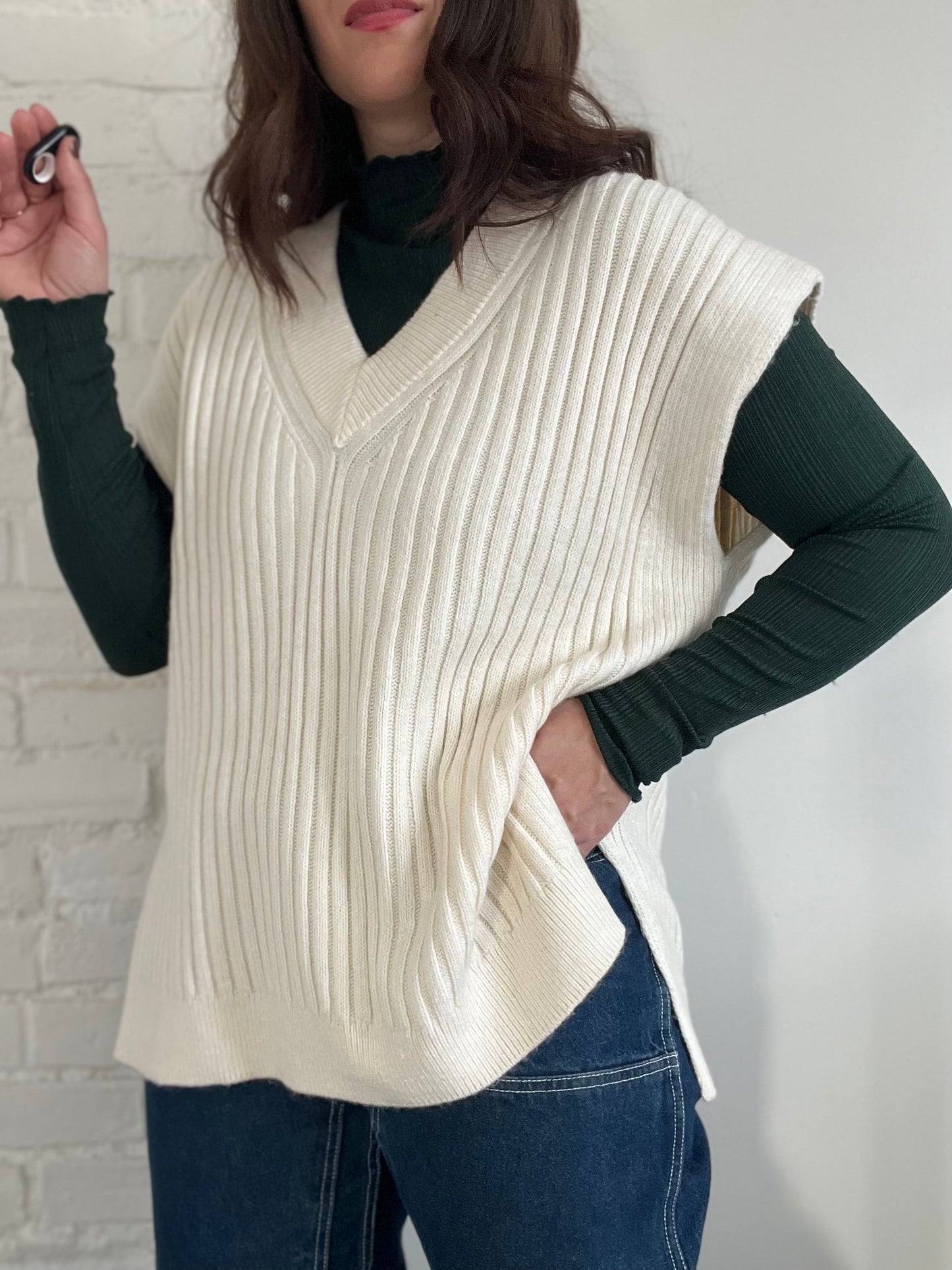 Rib-Knit Sweater Vest - Size M (Oversized)