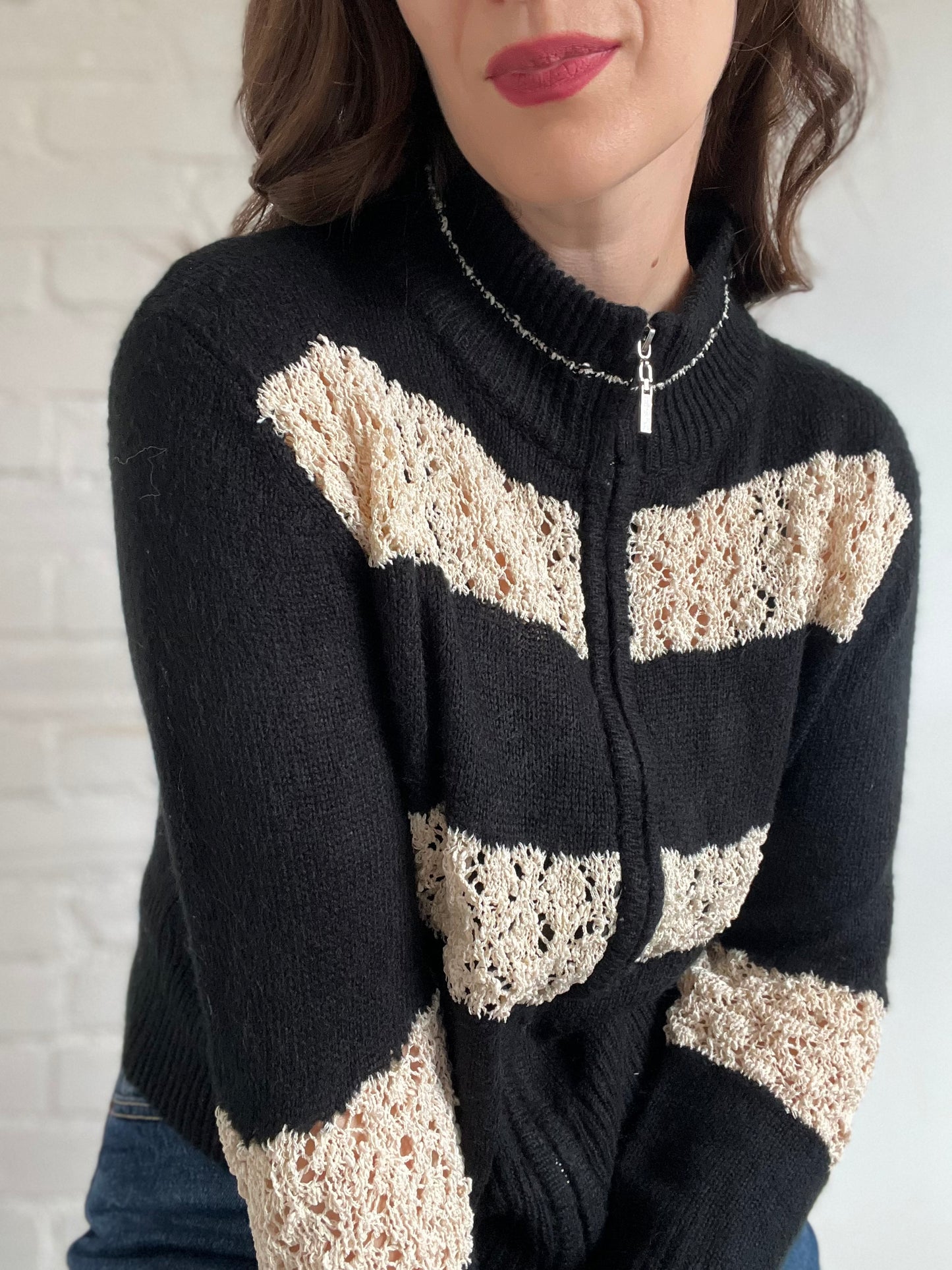 Black & Cream Crochet Bomber - M (oversized)