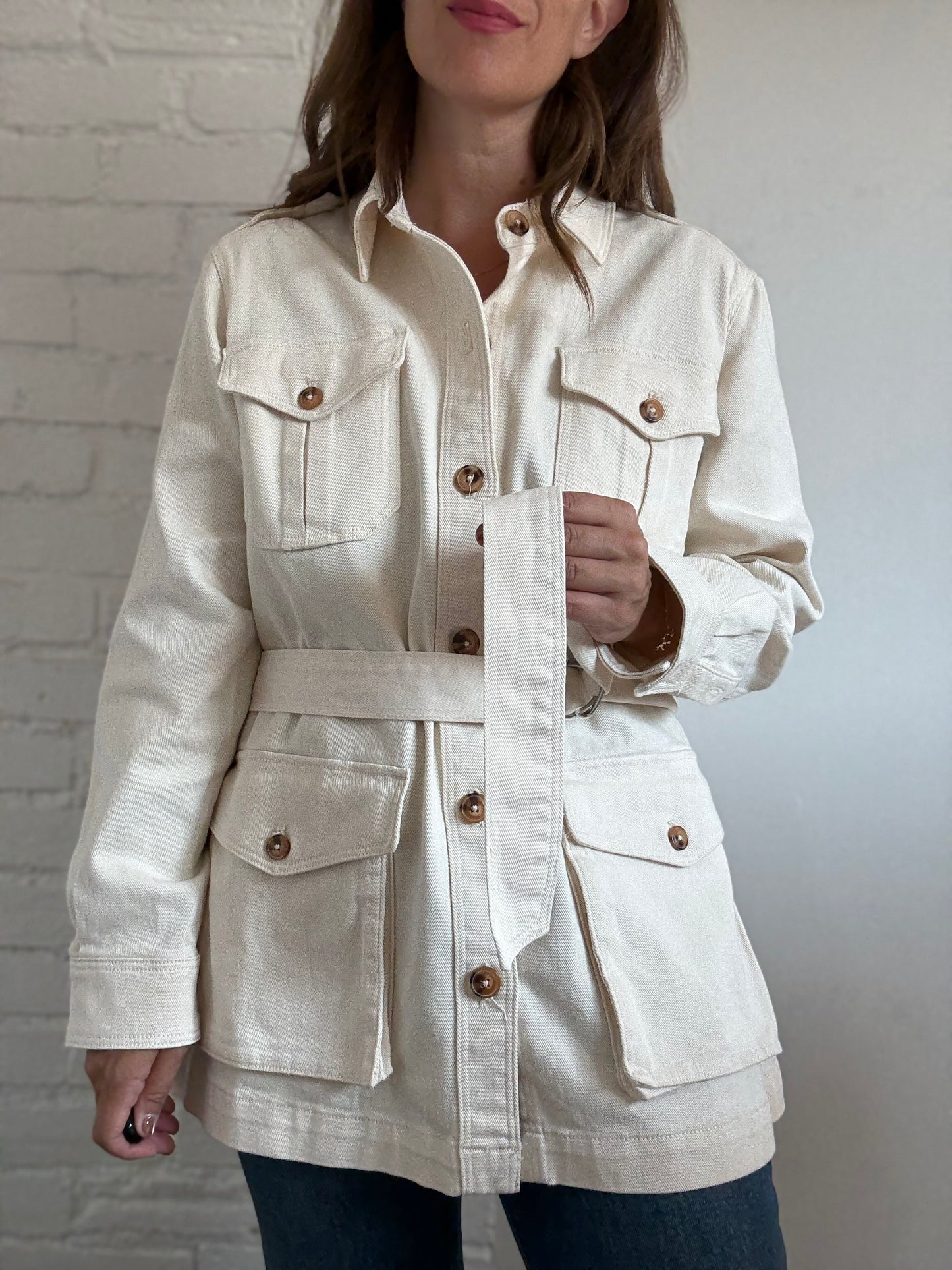 Ivory Cotton Denim Cargo Jacket - Size L