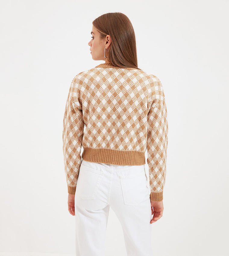 Cropped Argyle Knit Sweater - S