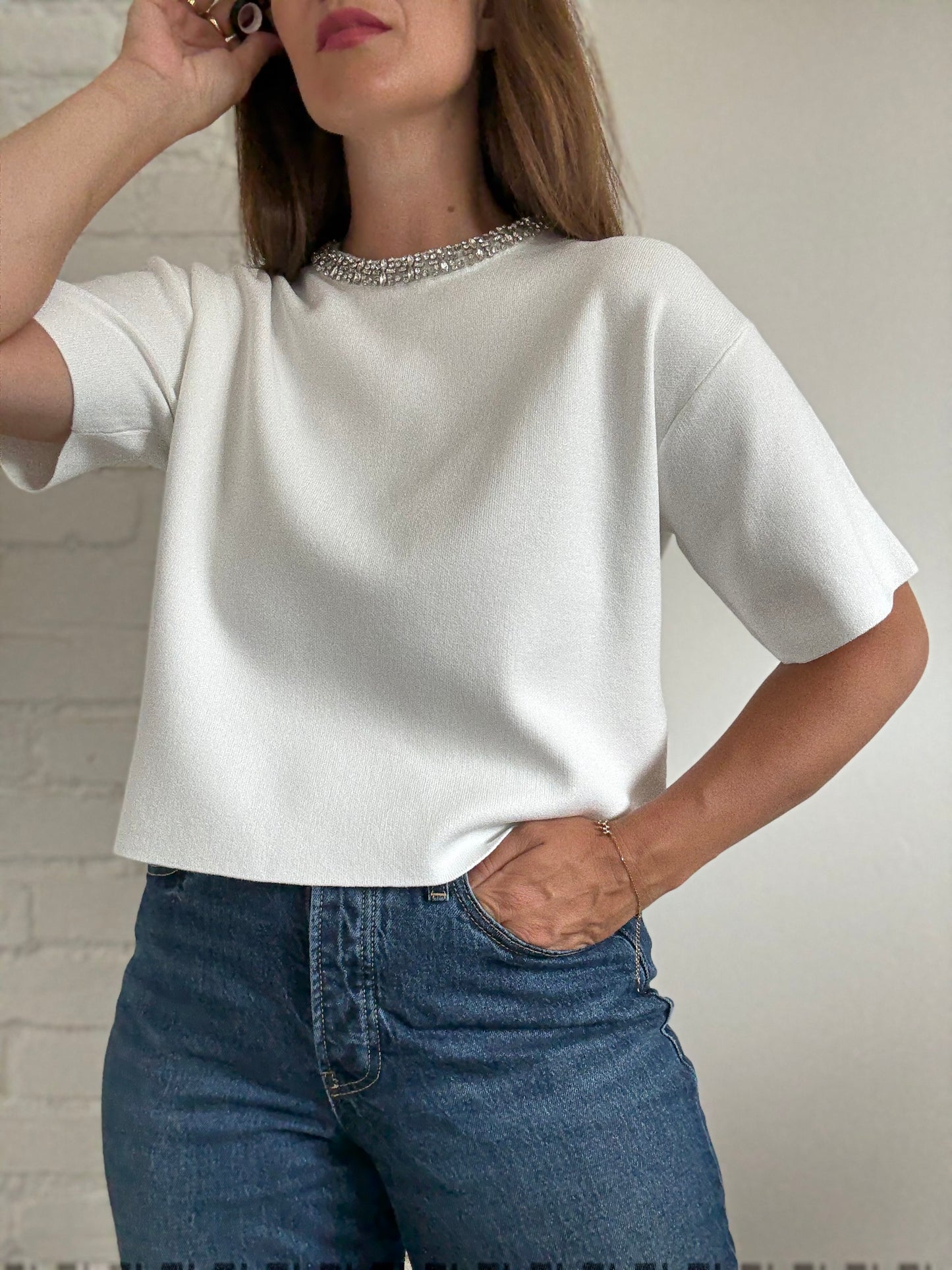 Embellished White Knit Top - Size S