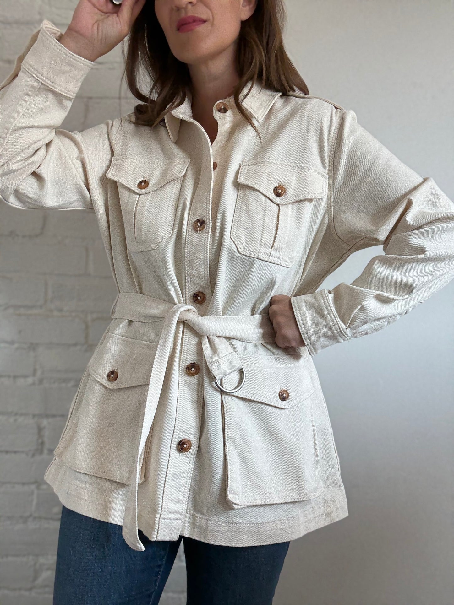 Ivory Cotton Denim Cargo Jacket - Size L