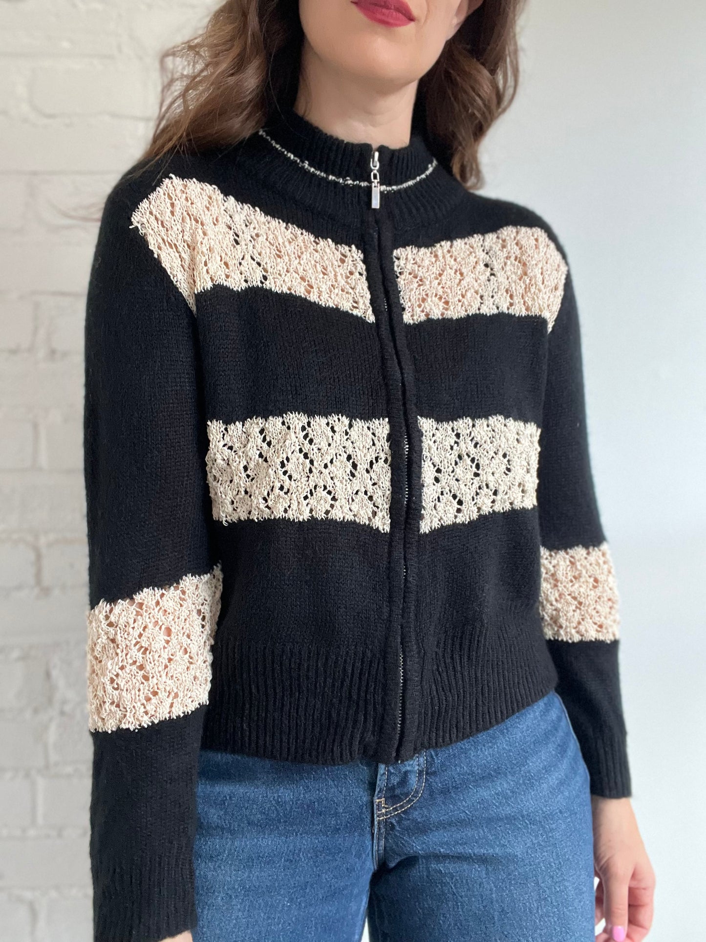 Black & Cream Crochet Bomber - M (oversized)