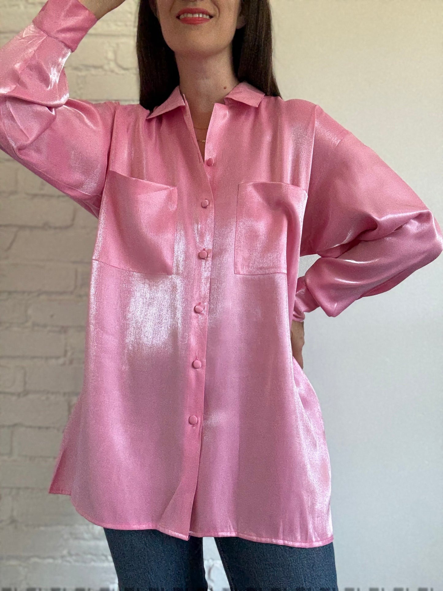 Oversized Bubblegum Satin Shirt - Size L