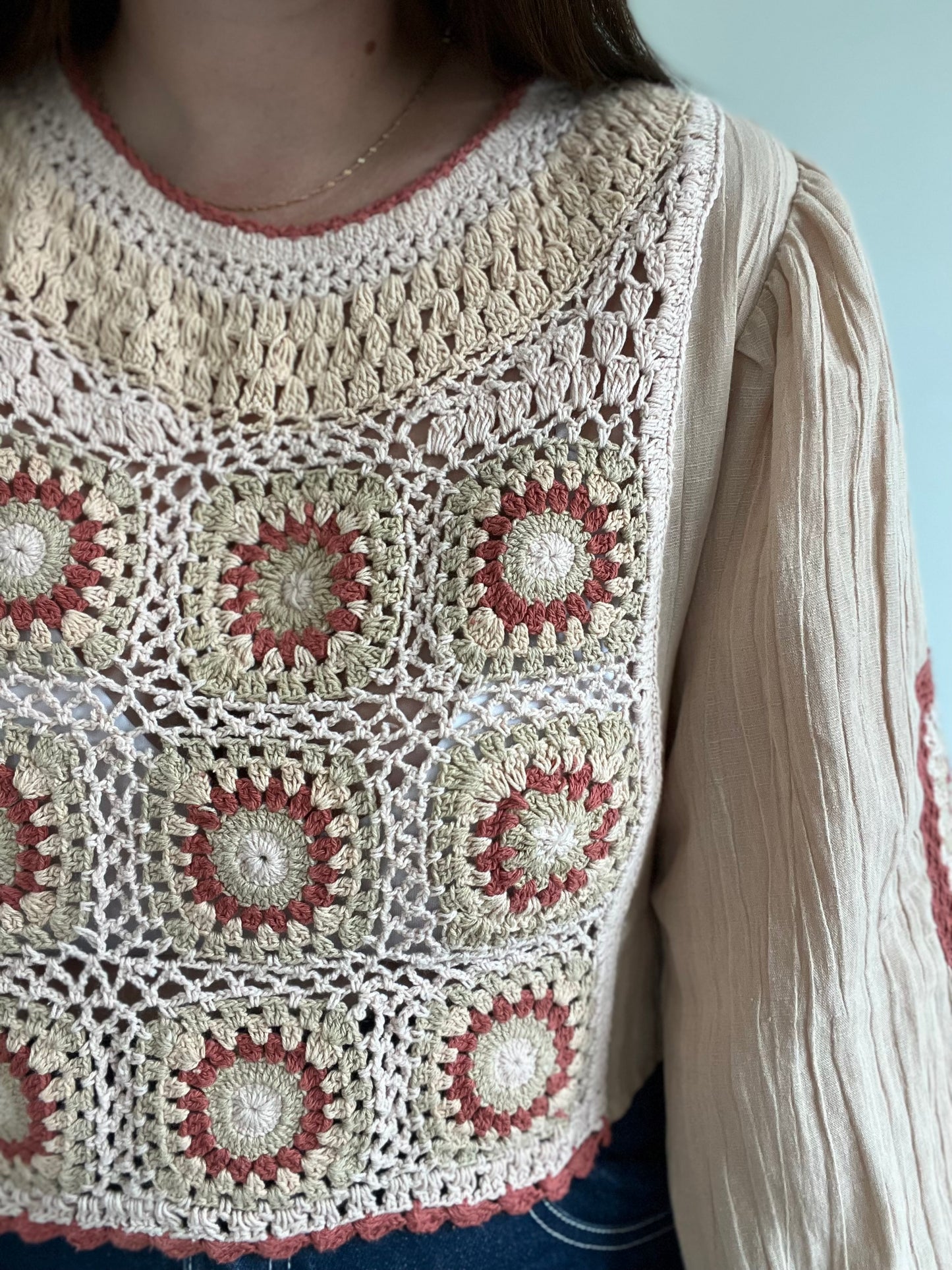Crochet Linen Boho Top - Size S