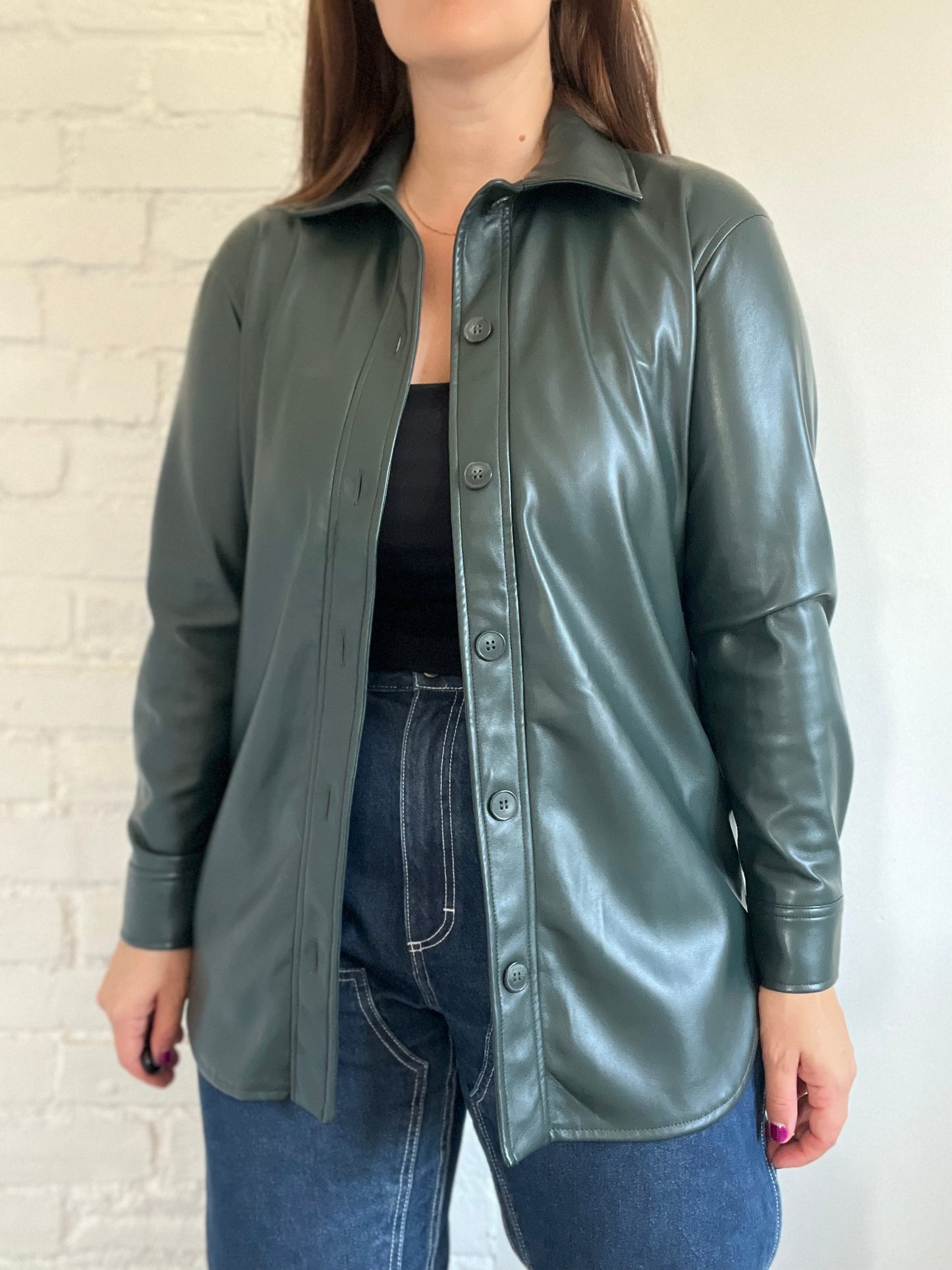Hunter Green Faux Leather Button-Up - XS