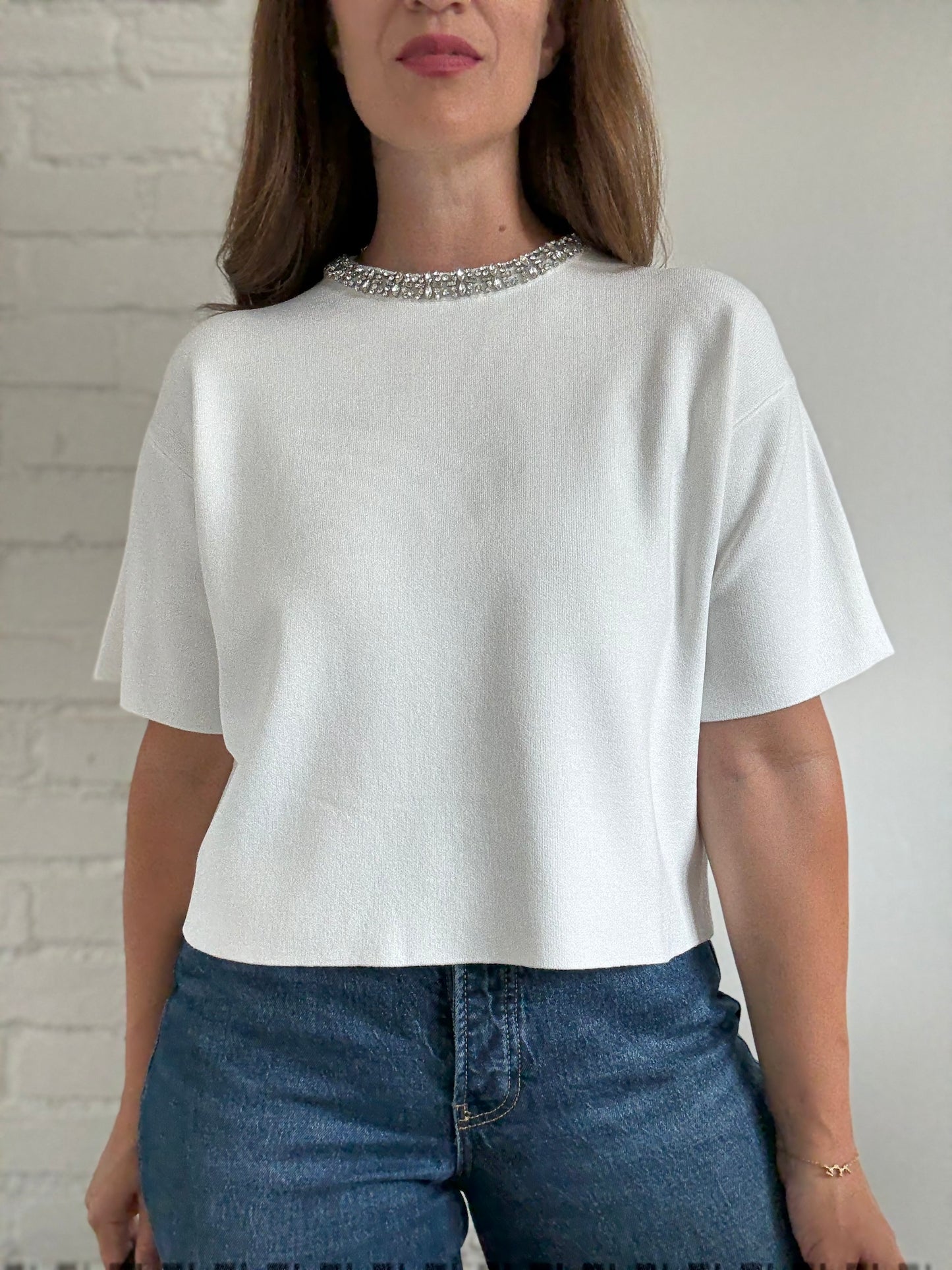 Embellished White Knit Top - Size S