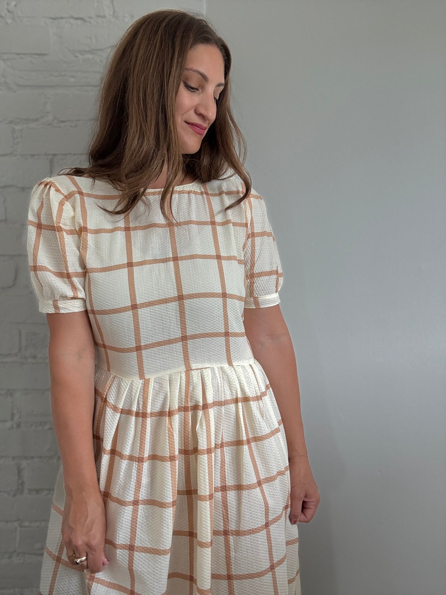 Handmade Caramel Plaid Dress - Size L