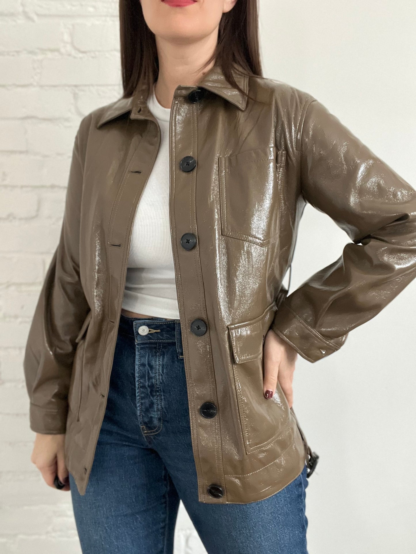Faux Leather Tie Waist Jacket - S