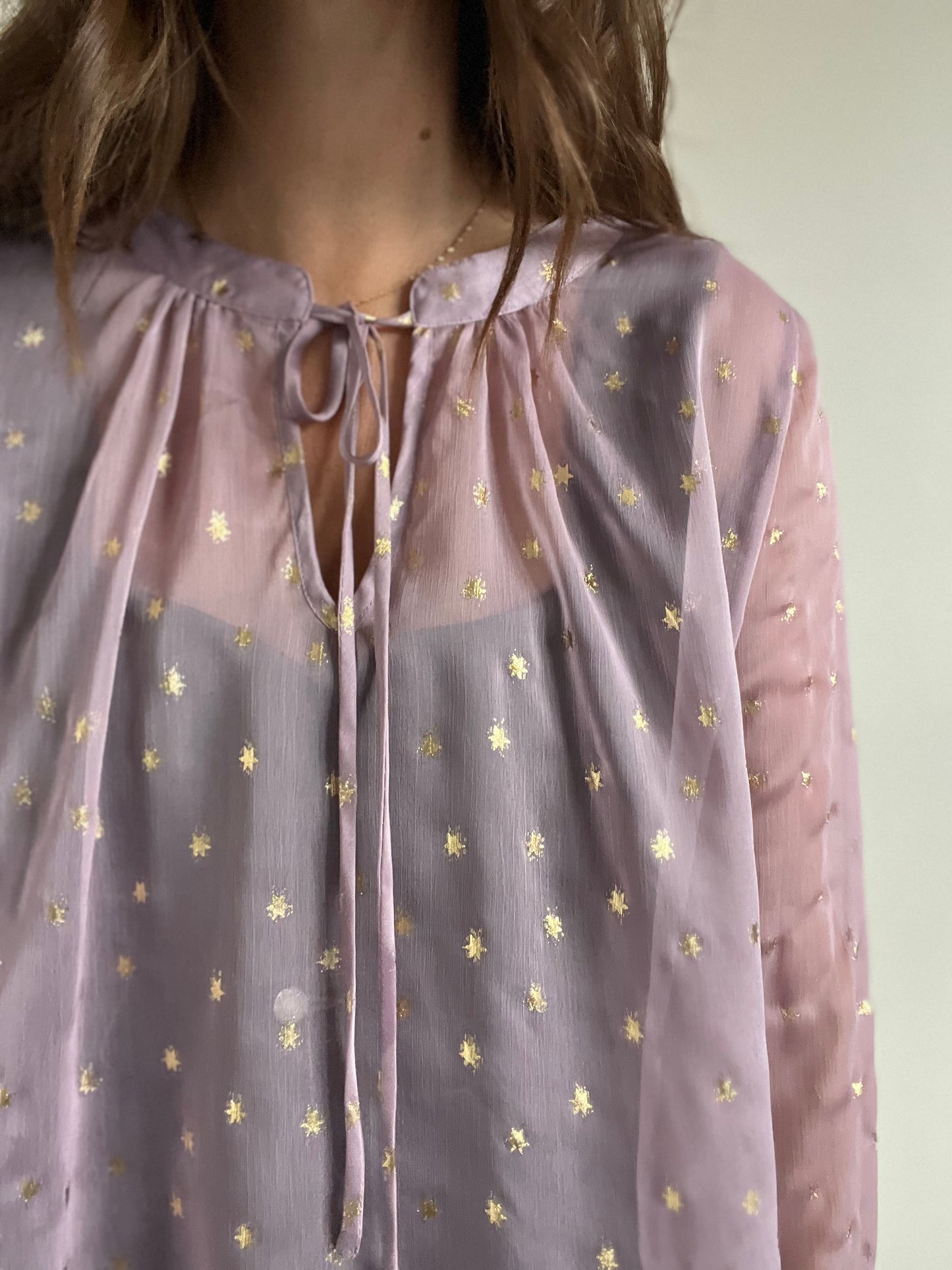 Sheer Gold Star Tie-Neck Blouse - L