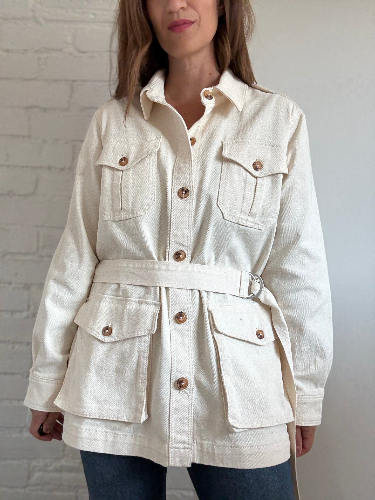 Ivory Cotton Denim Cargo Jacket - Size L