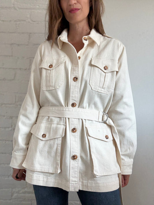 Ivory Cotton Denim Cargo Jacket - Size L